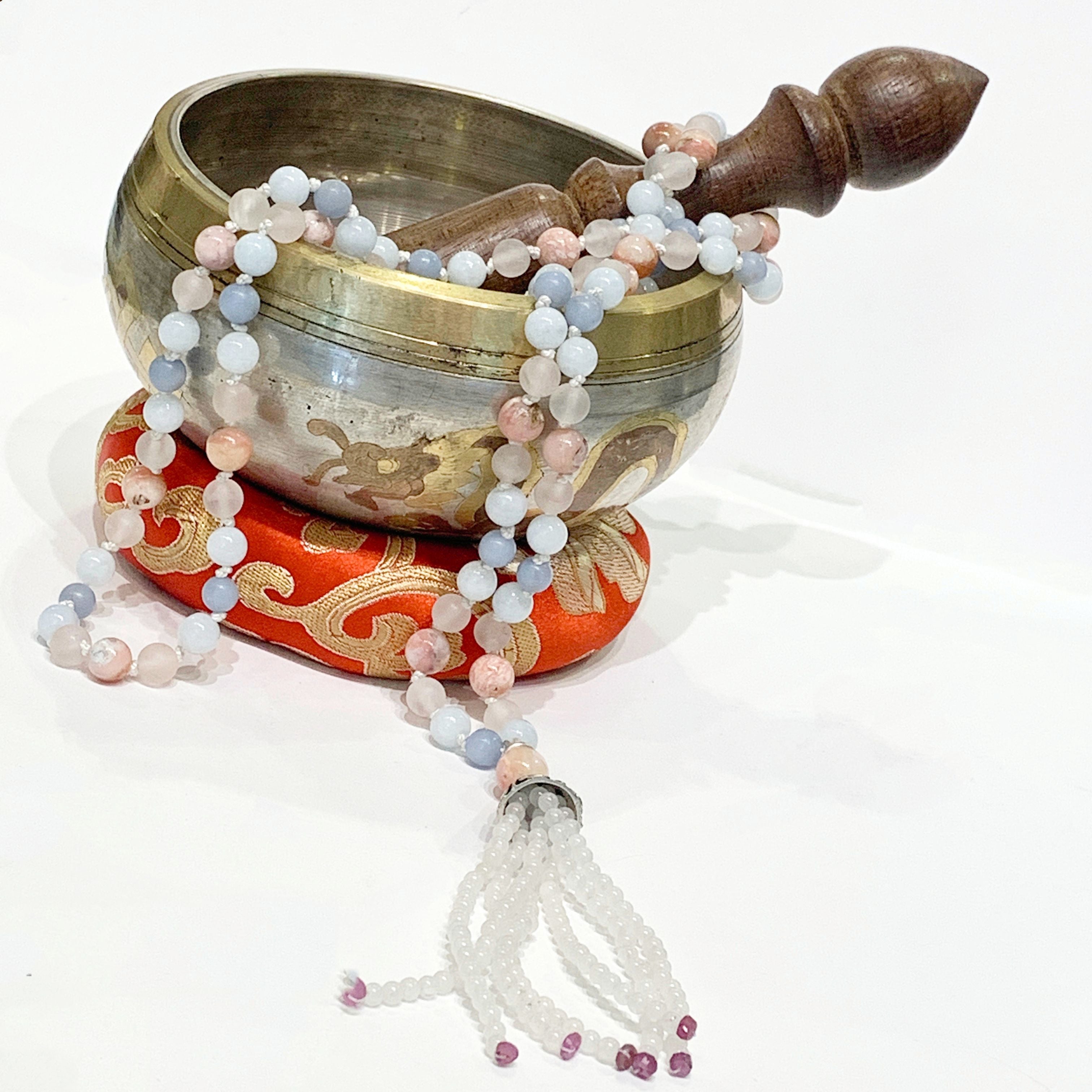 Angelite, Aquamarine, Ruby, Rose Quartz, Pink Opal, and Opalite gemstone  Mala necklace, jewelry