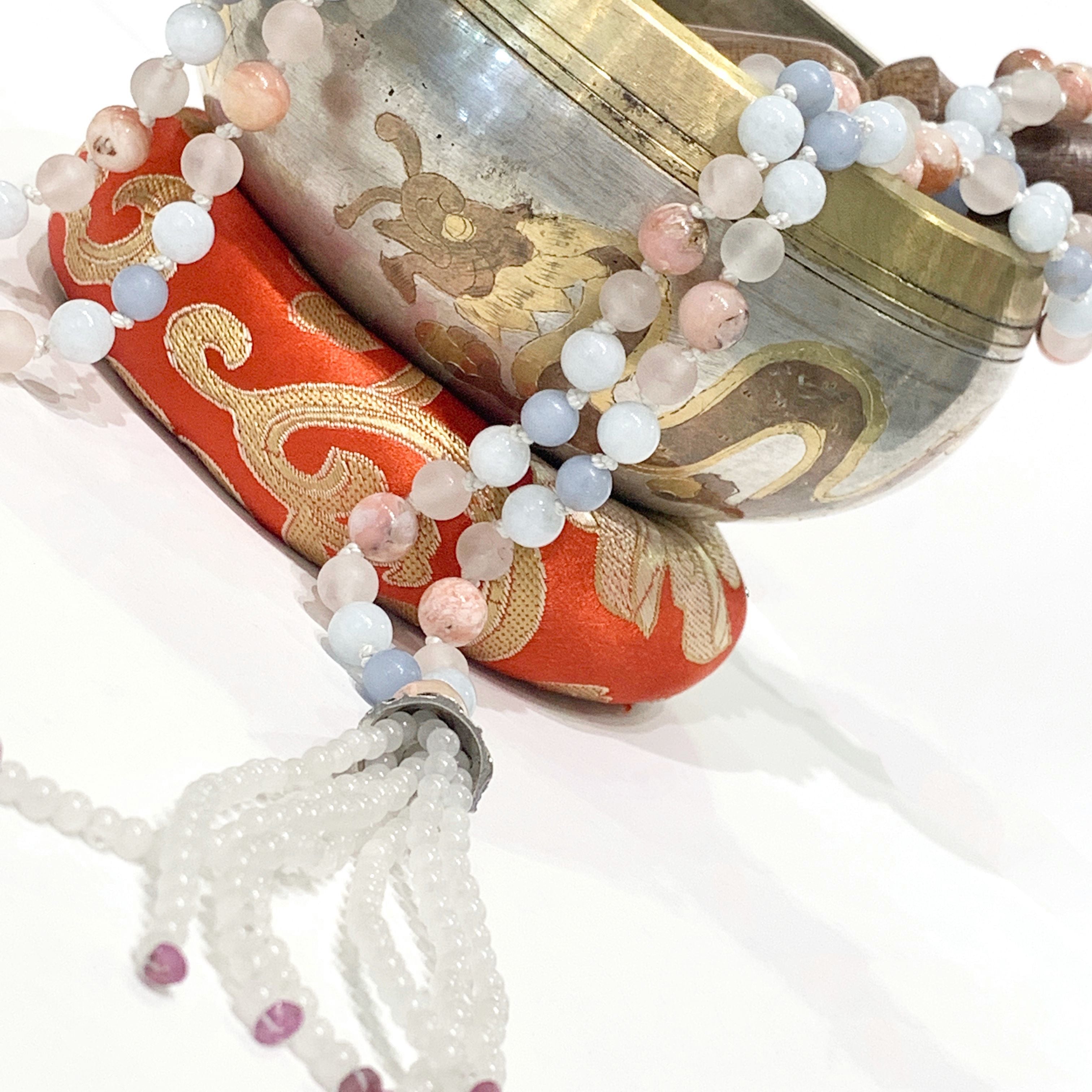 Angelite, Aquamarine, Ruby, Rose Quartz, Pink Opal, and Opalite gemstone  Mala necklace, jewelry