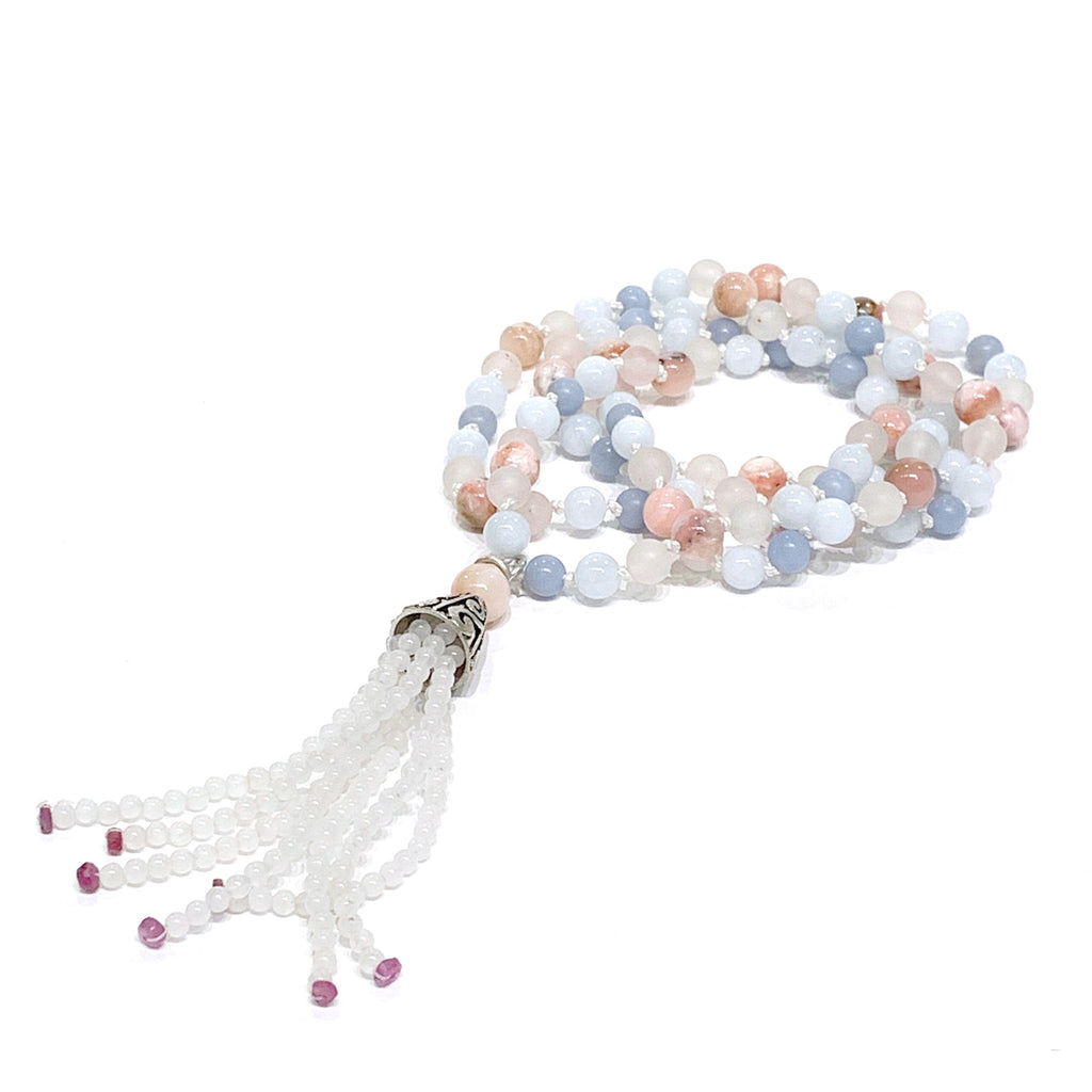 Angelite, Aquamarine, Ruby, Rose Quartz, Pink Opal, and Opalite gemstone  Mala necklace, jewelry