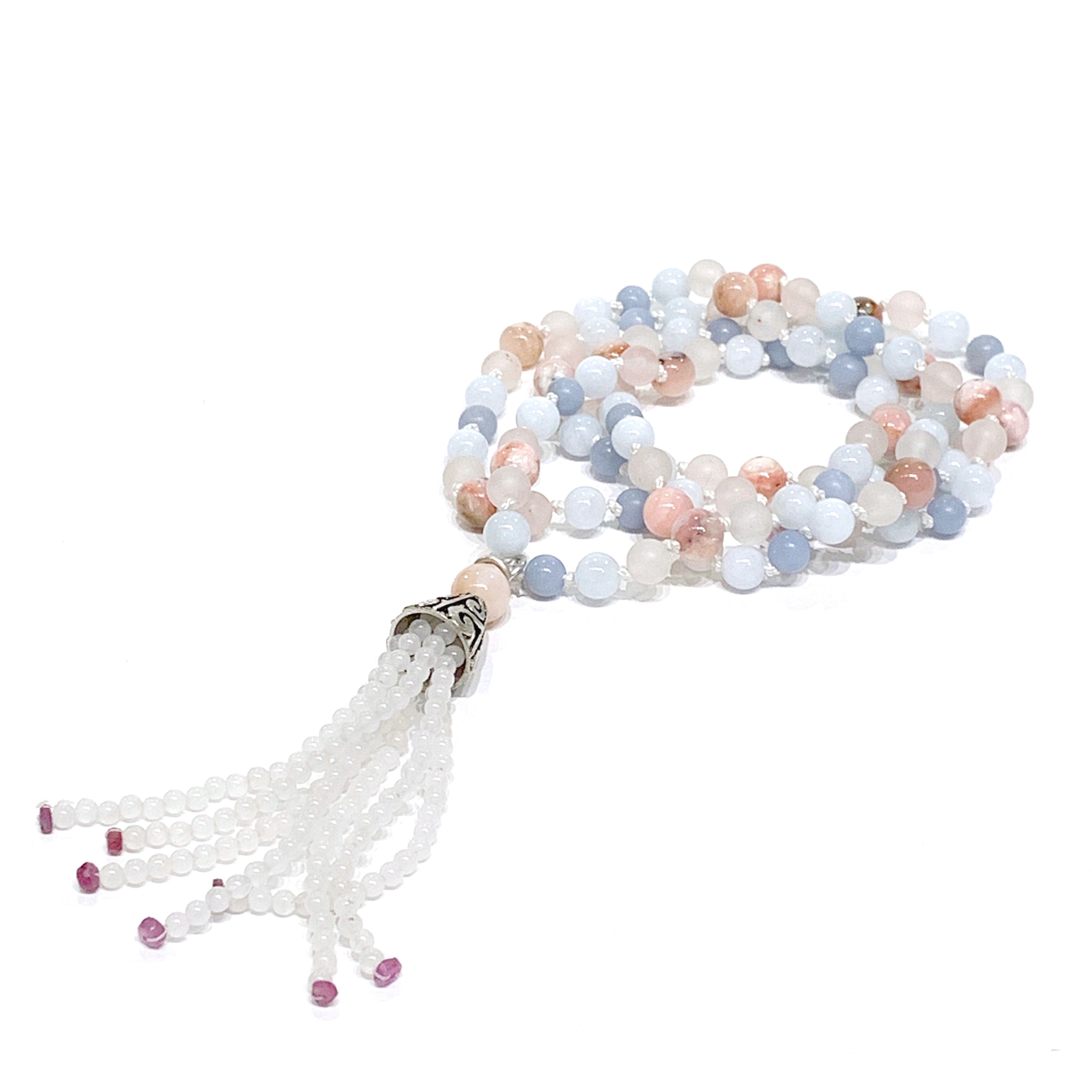 Angelite, Aquamarine, Ruby, Rose Quartz, Pink Opal, and Opalite gemstone  Mala necklace, jewelry
