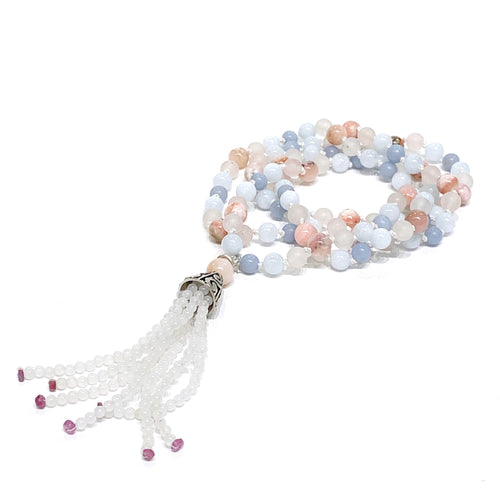 Angelite, Aquamarine, Ruby, Rose Quartz, Pink Opal, and Opalite gemstone  Mala necklace, jewelry