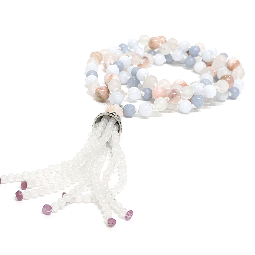 Angelite, Aquamarine, Ruby, Rose Quartz, Pink Opal, and Opalite gemstone  Mala necklace, jewelry