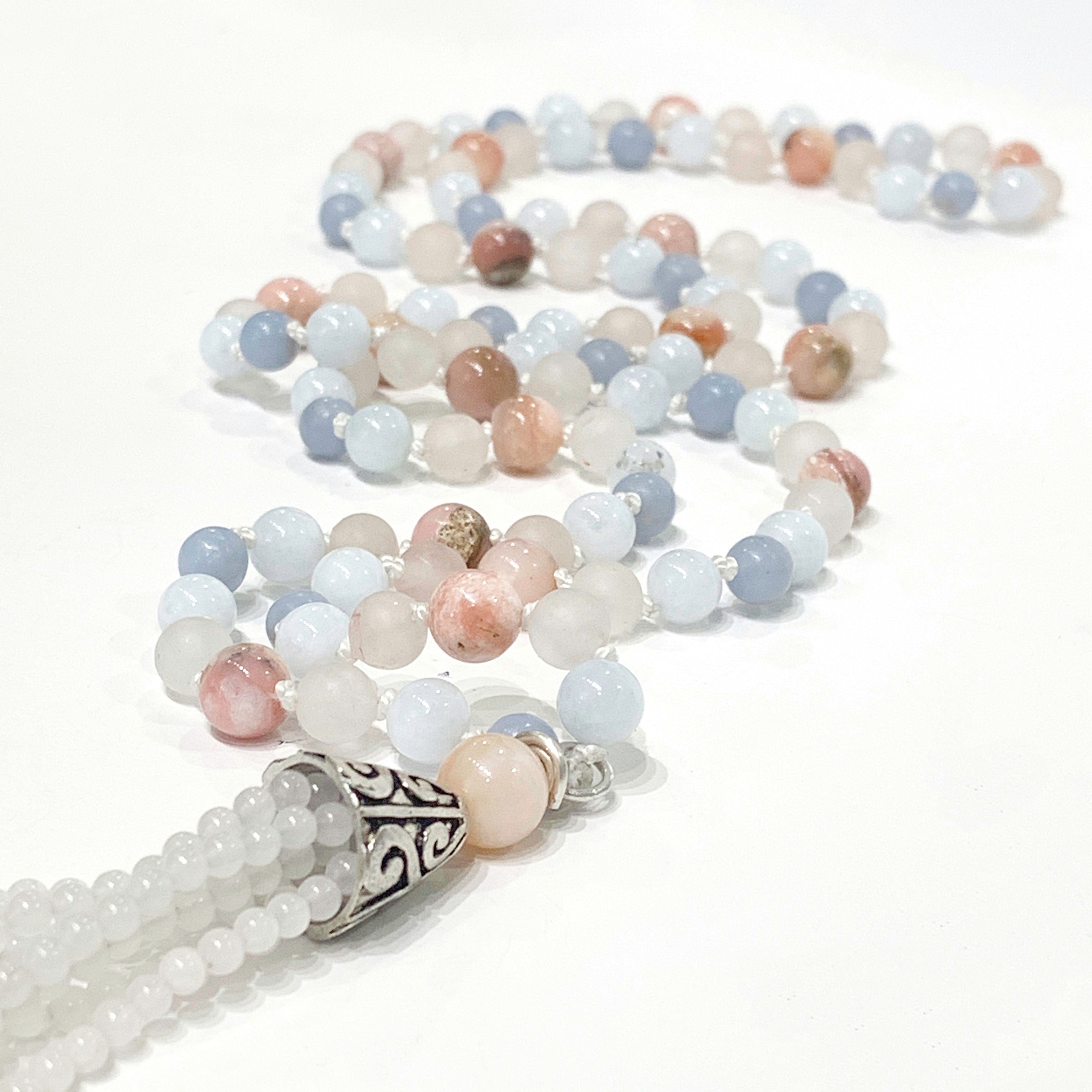 Angelite, Aquamarine, Ruby, Rose Quartz, Pink Opal, and Opalite gemstone  Mala necklace, jewelry