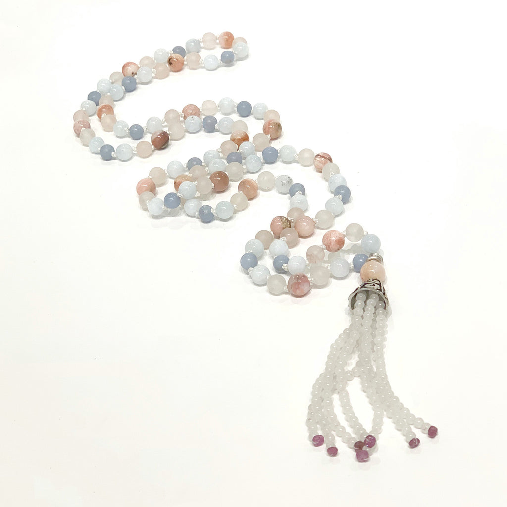 Angelite, Aquamarine, Ruby, Rose Quartz, Pink Opal, and Opalite gemstone  Mala necklace, jewelry