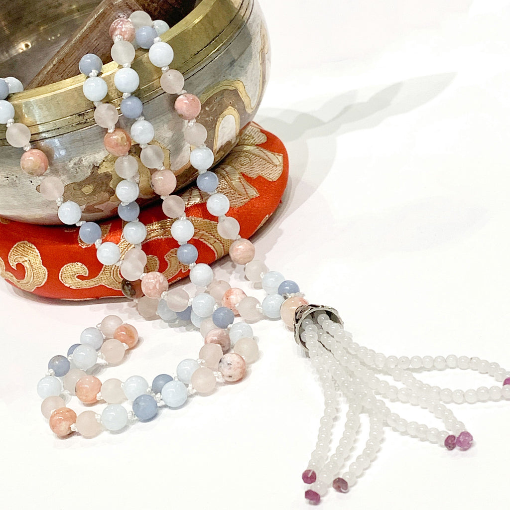 Angelite, Aquamarine, Ruby, Rose Quartz, Pink Opal, and Opalite gemstone  Mala necklace, jewelry