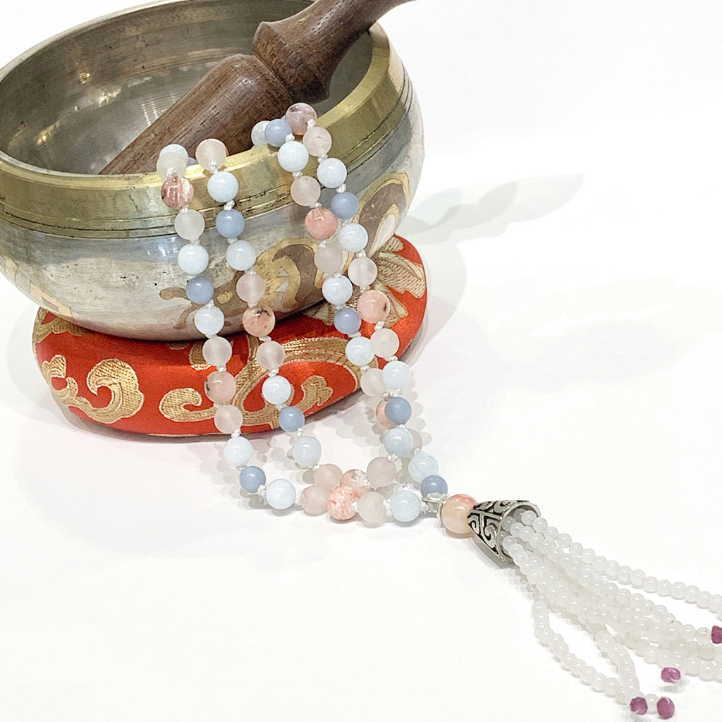 Angelite, Aquamarine, Ruby, Rose Quartz, Pink Opal, and Opalite gemstone  Mala necklace, jewelry