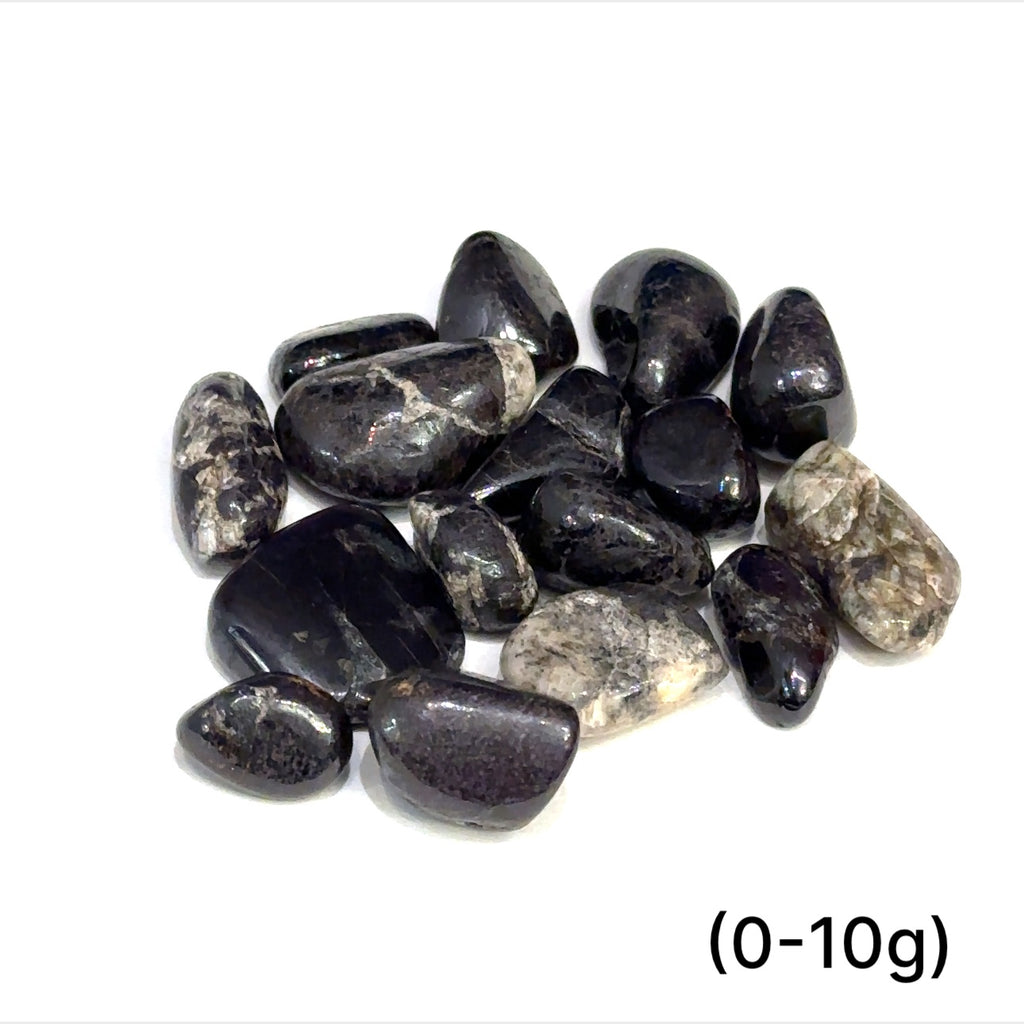 Multiple Purpurite tumbled stones arranged on white background showing variations sizes (0-10g) on white background overview