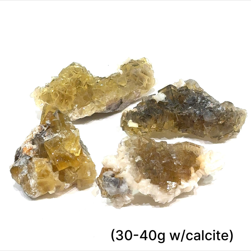 Multiple Yellow Fluorite raw clusters with calcite displayed on white background front overview sizes (30-40g) 