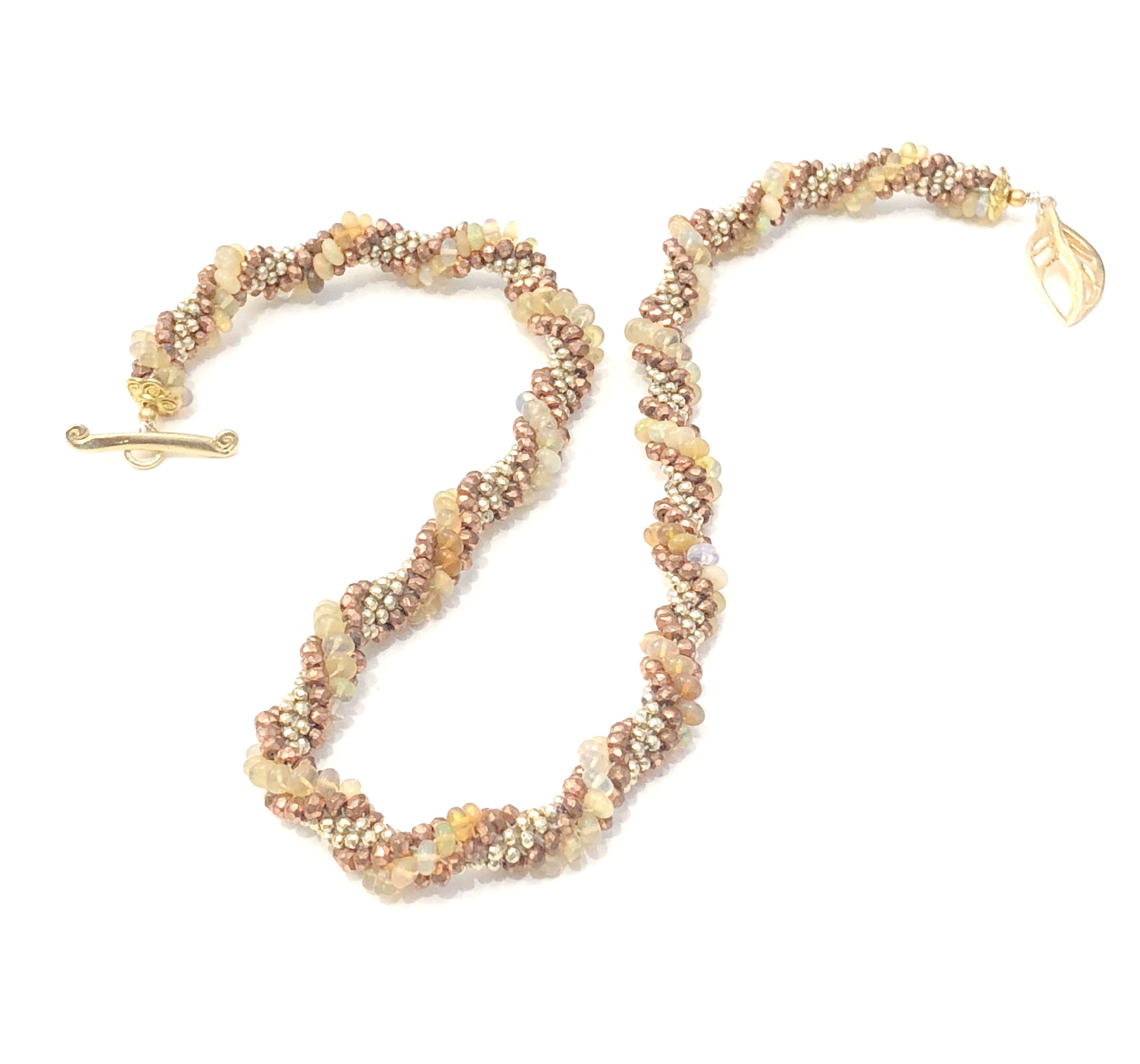 Ethiopian Opal Crocheted Necklace with Pyrite,  Gold Filled Leaf Toggle