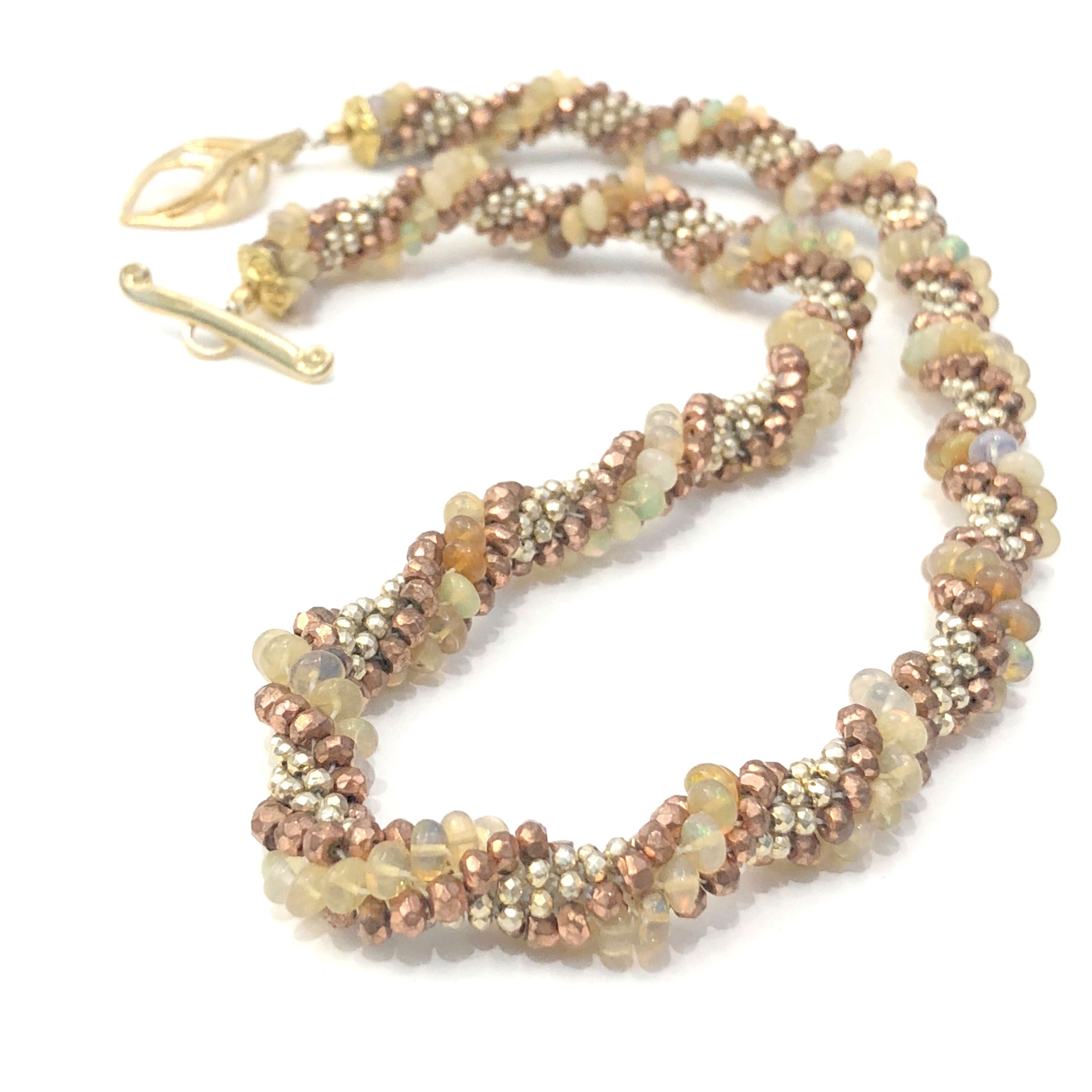 Ethiopian Opal Crocheted Necklace with Pyrite,  Gold Filled Leaf Toggle