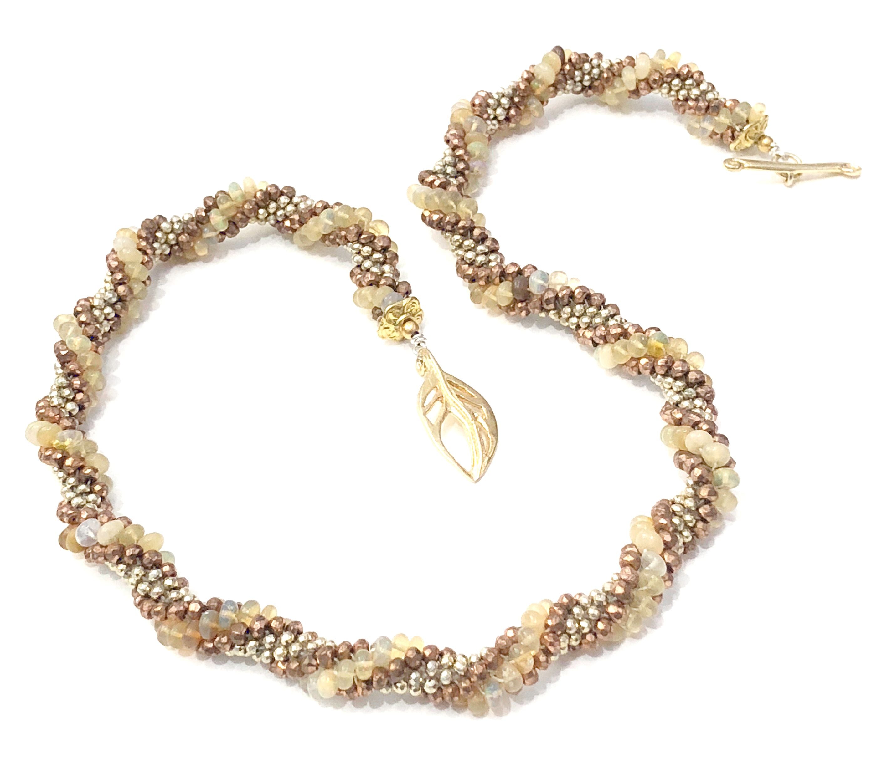 Ethiopian Opal Crocheted Necklace with Pyrite,  Gold Filled Leaf Toggle