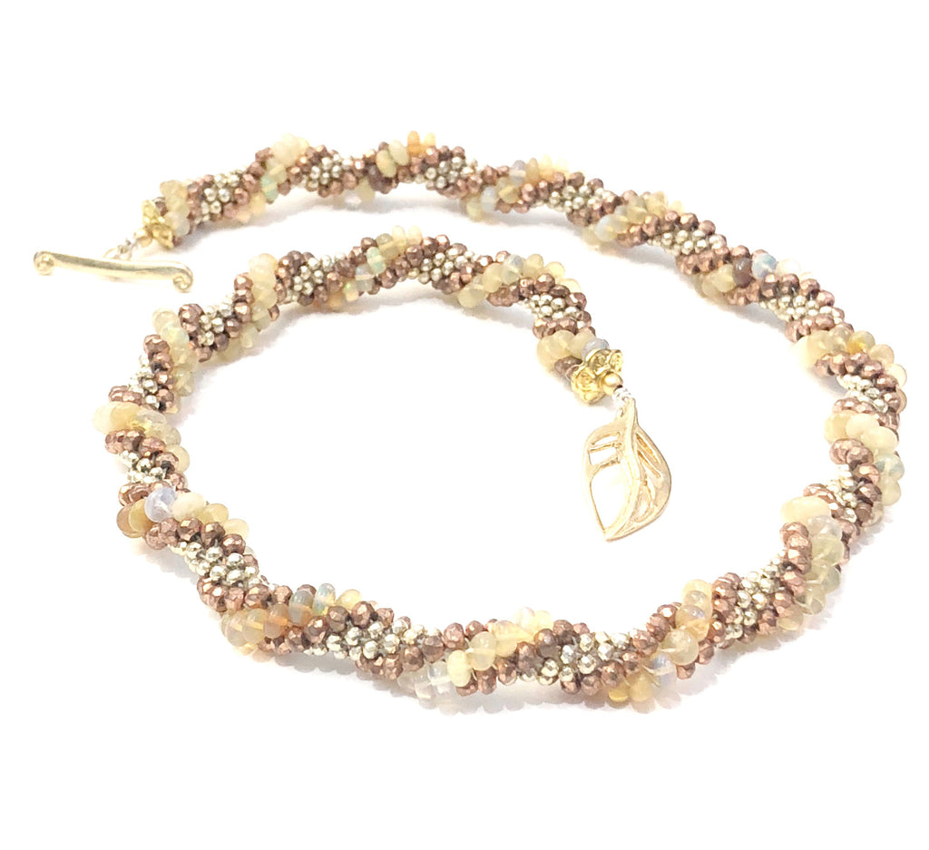 Ethiopian Opal Crocheted Necklace with Pyrite,  Gold Filled Leaf Toggle