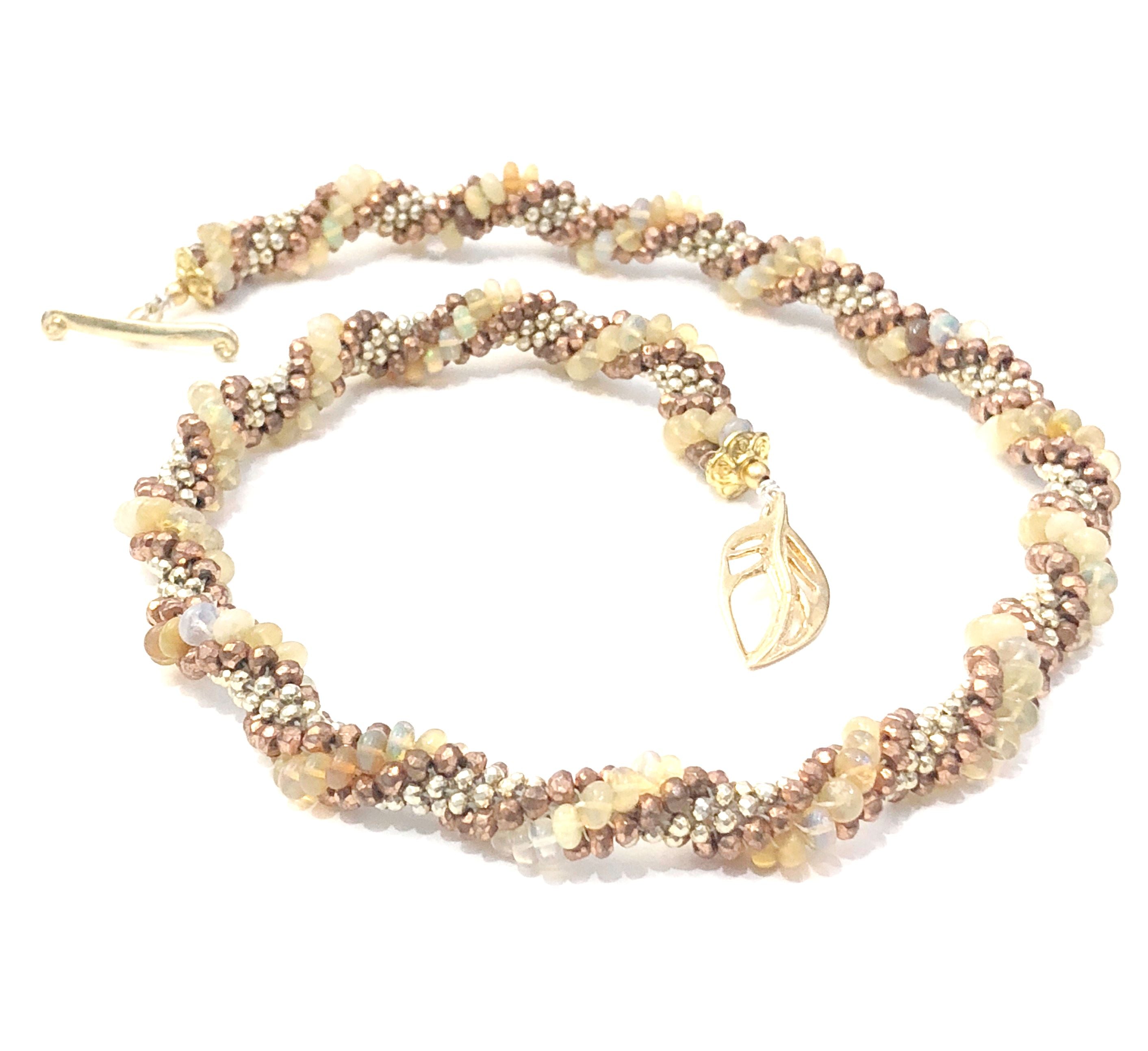 Ethiopian Opal Crocheted Necklace with Pyrite,  Gold Filled Leaf Toggle