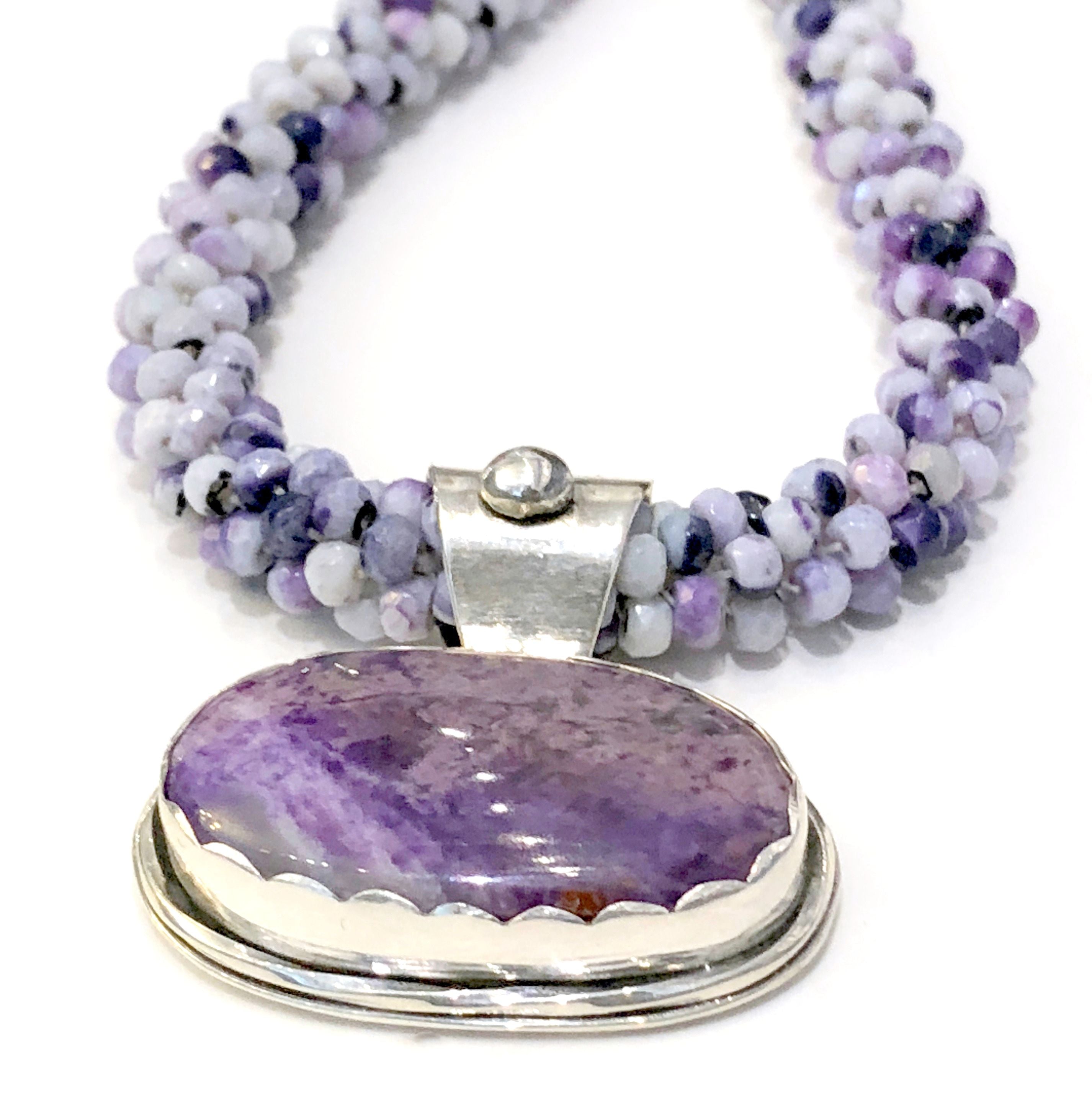 Tiffany Stone Crocheted purple necklace with a sterling sugilite bezel pendant
