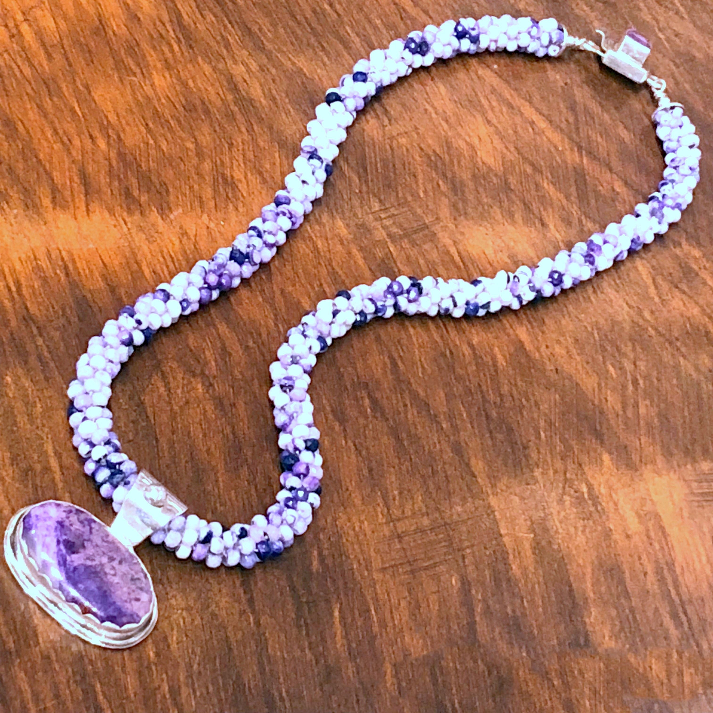 Tiffany Stone Crocheted purple necklace with a sterling sugilite bezel pendant