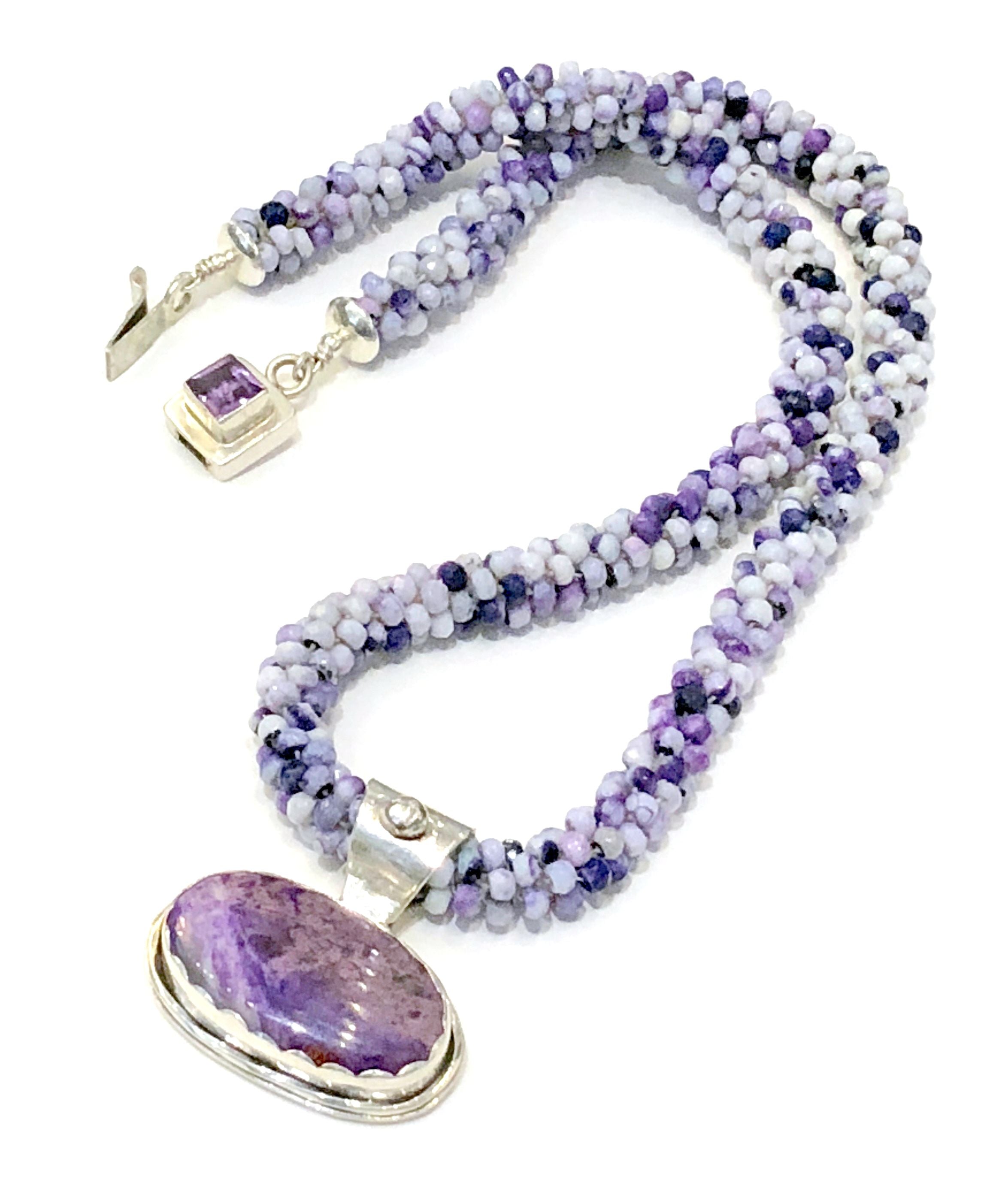 Tiffany Stone Crocheted purple necklace with a sterling sugilite bezel pendant