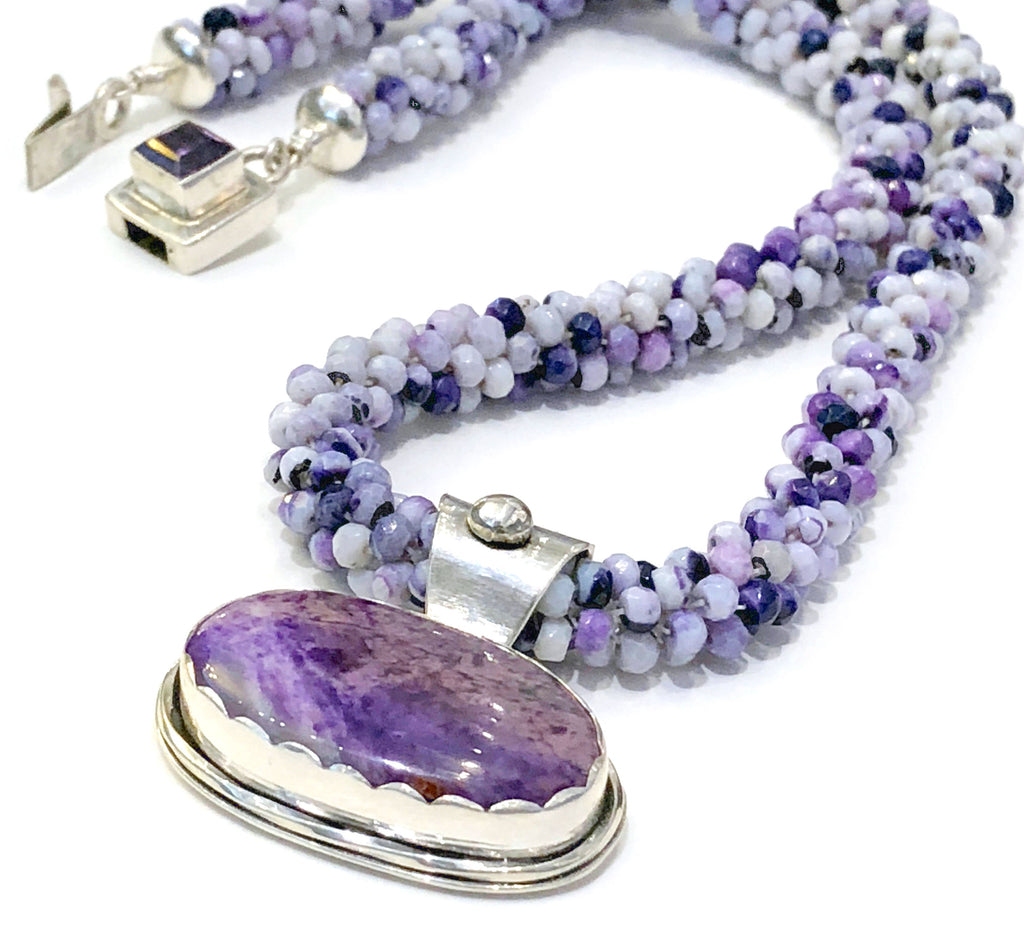 Tiffany Stone Crocheted purple necklace with a sterling sugilite bezel pendant