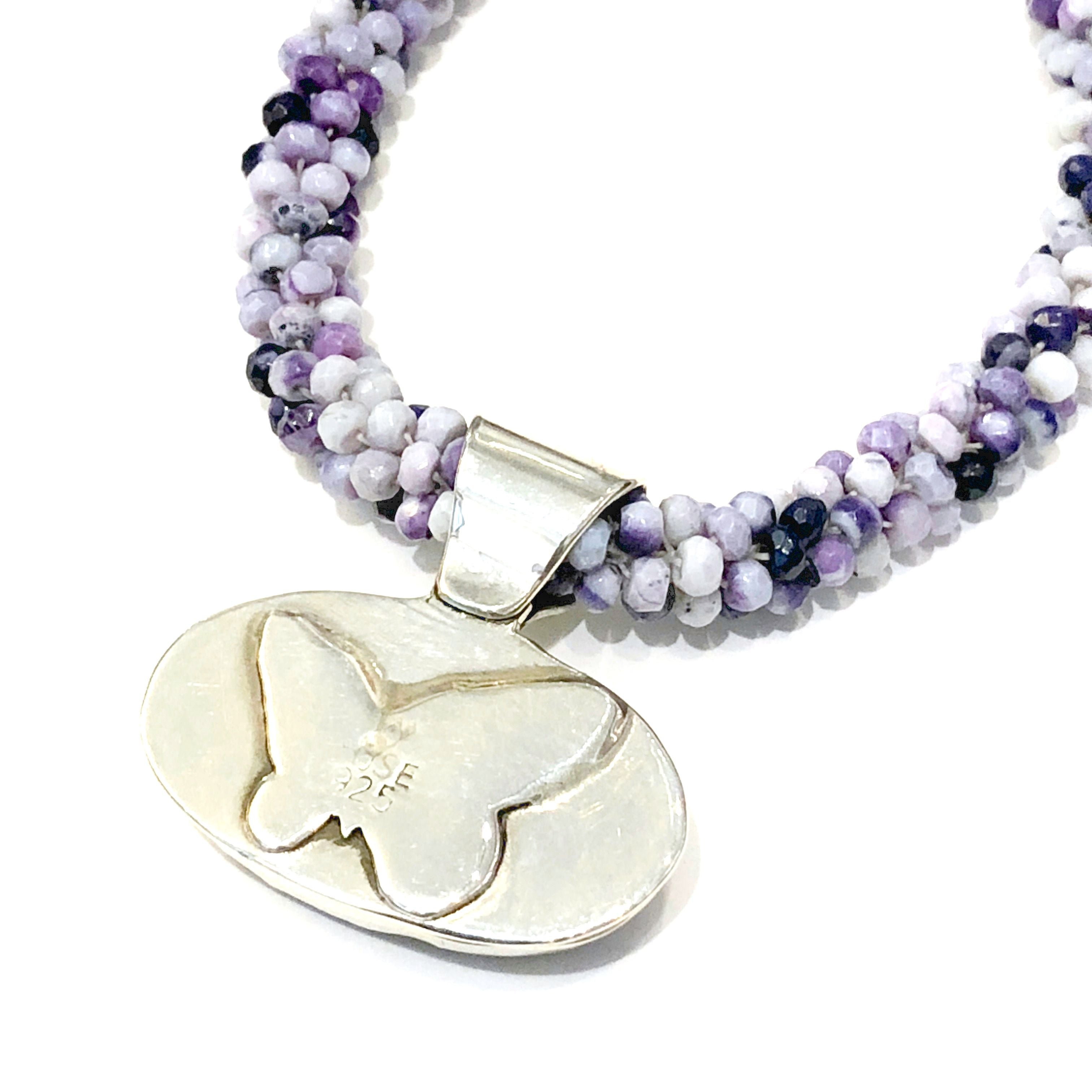 Tiffany Stone Crocheted purple necklace with a sterling sugilite bezel pendant