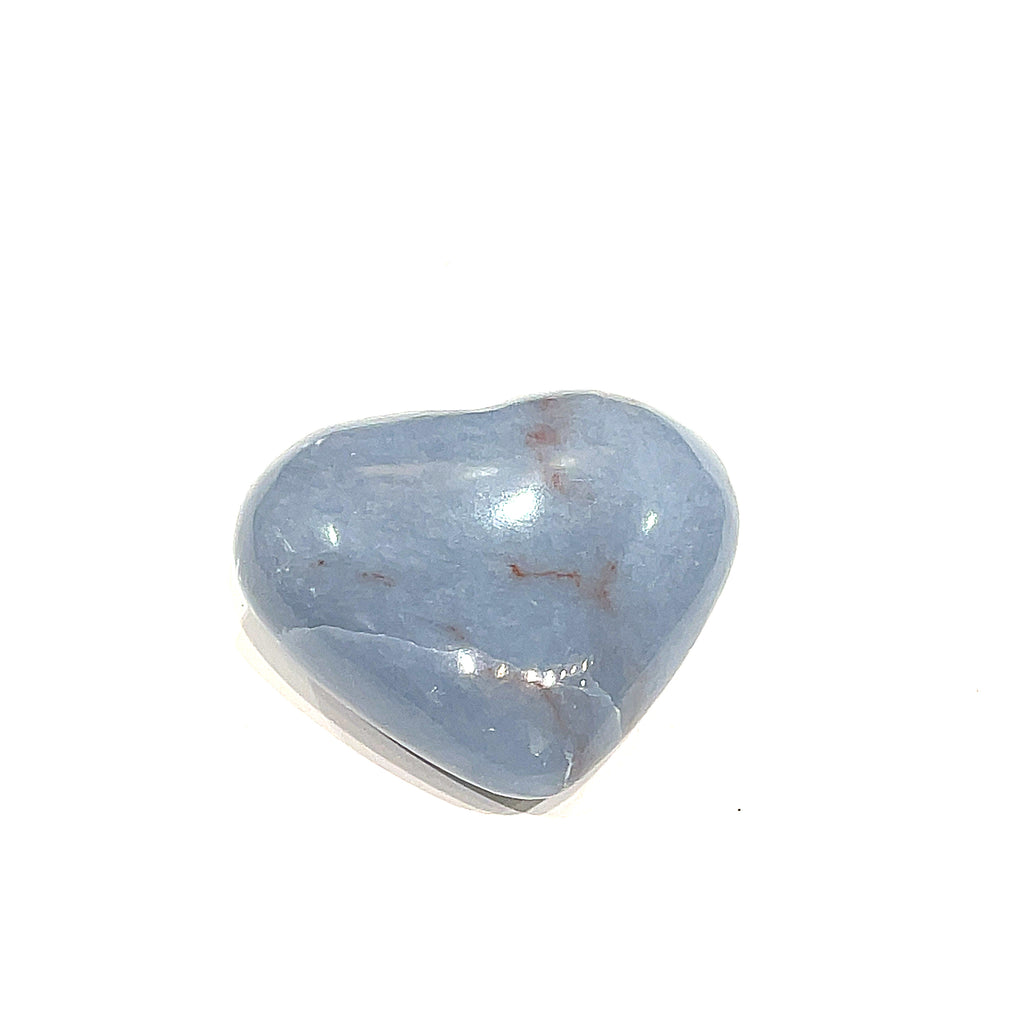 One Angelite gemstone heart arranged on a white background, front and center view.