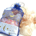 Pink Himalayan Salt gemstones in a pouch displayed on white background, ethically sourced by Hidden Jewel of the South End close up front view. 
