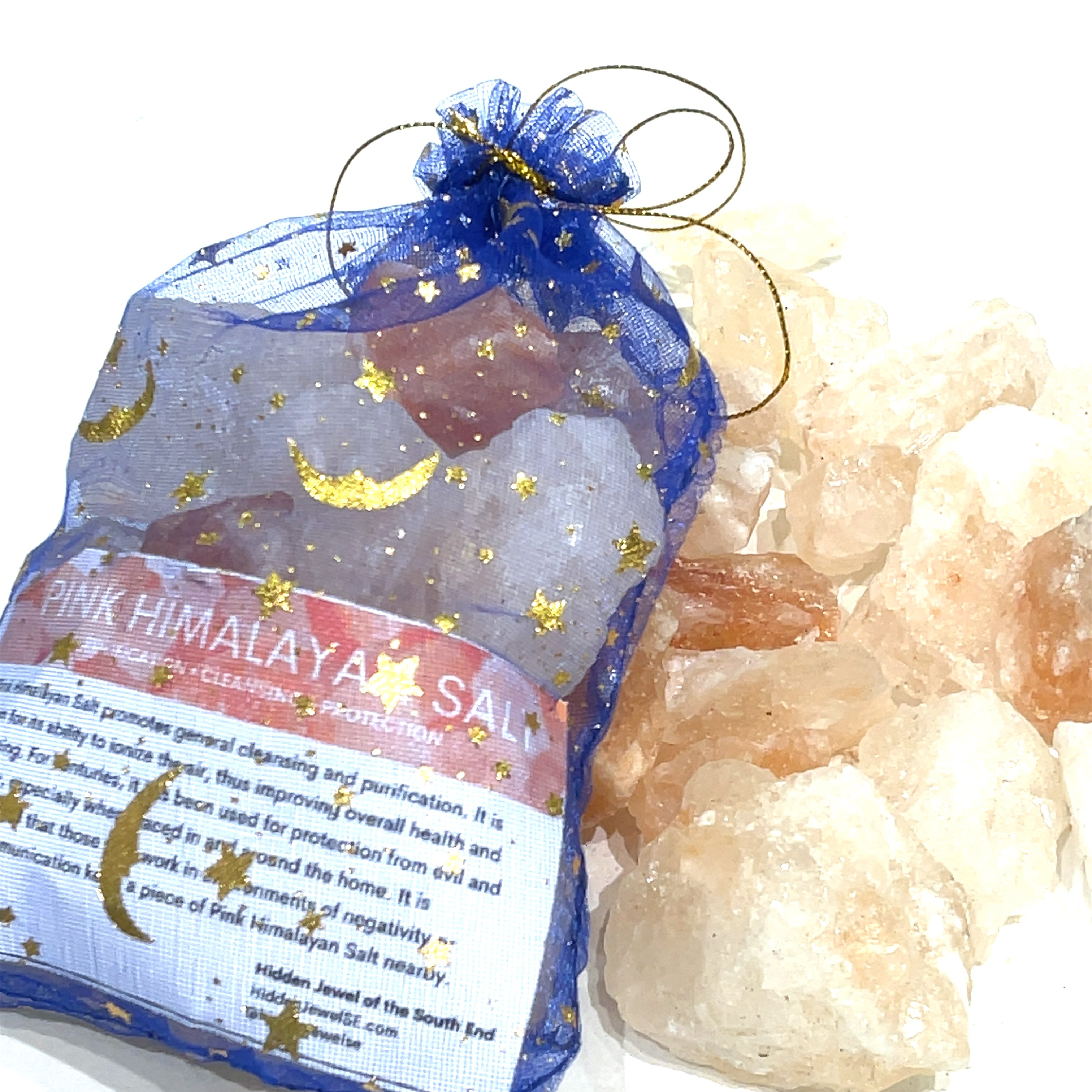 Pink Himalayan Salt gemstones in a pouch displayed on white background, ethically sourced by Hidden Jewel of the South End close up front view. 