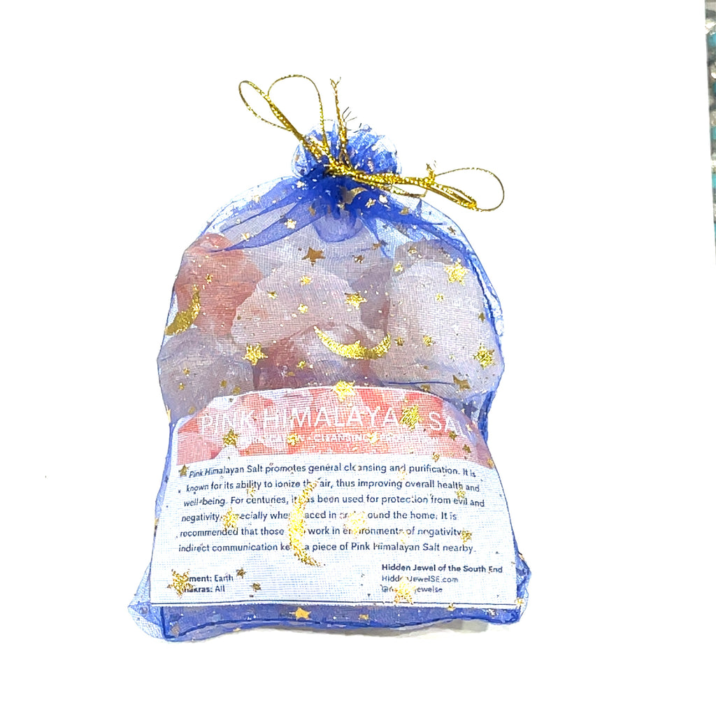 Pink Himalayan Salt gemstones in a pouch displayed on white background, ethically sourced by Hidden Jewel of the South End front view. 