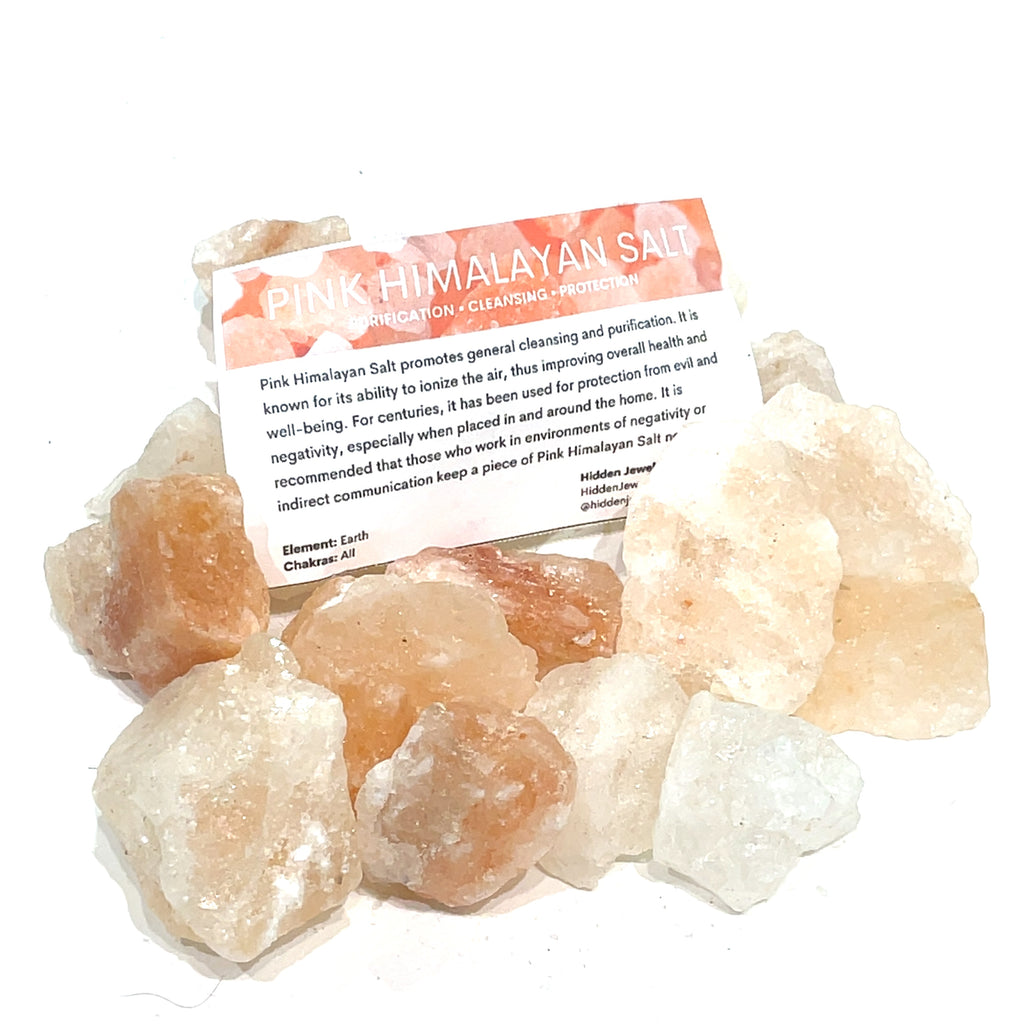 Pink Himalayan Salt pouch with Hidden Jewel gemstone information card on a white background front overview. 