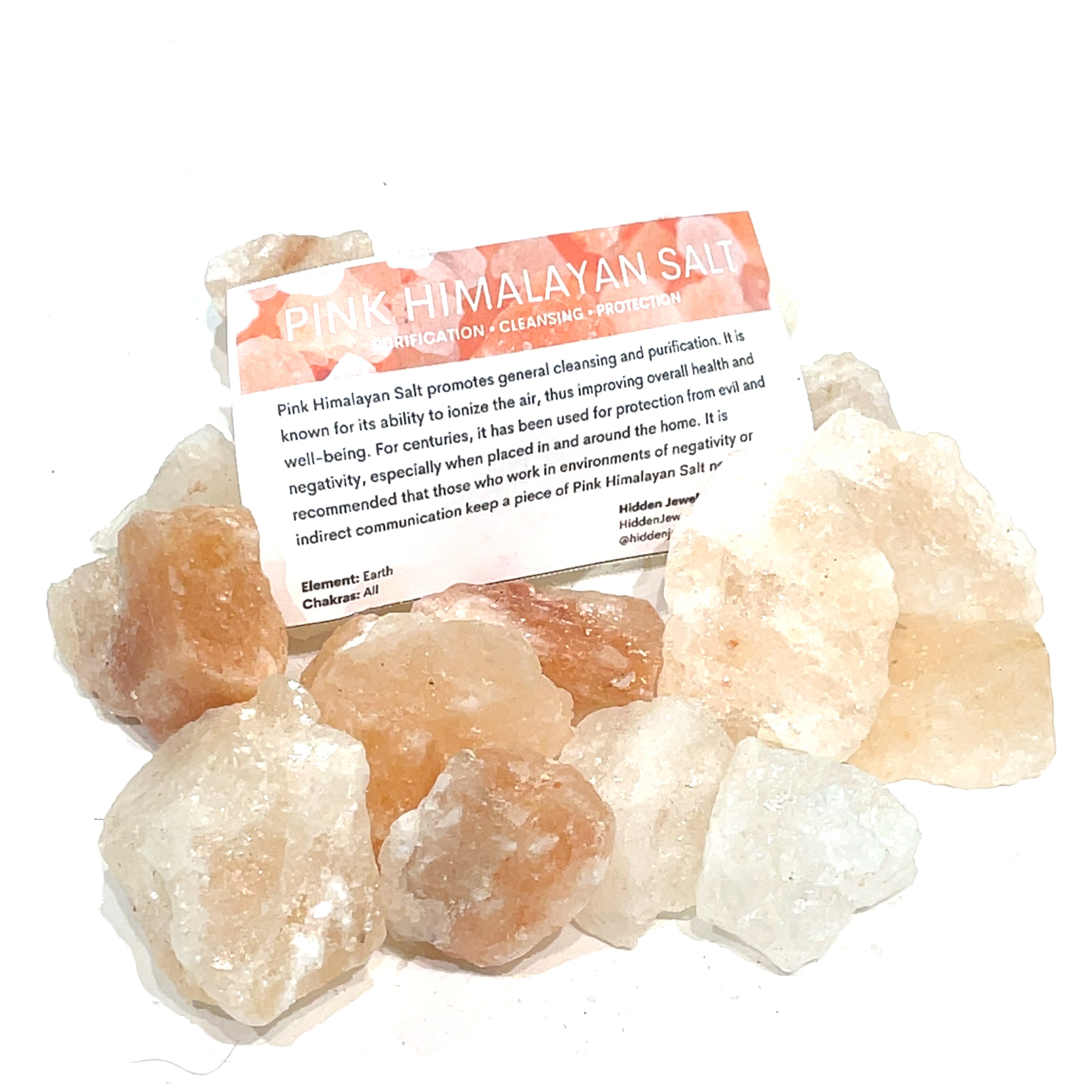 Pink Himalayan Salt pouch with Hidden Jewel gemstone information card on a white background front overview. 