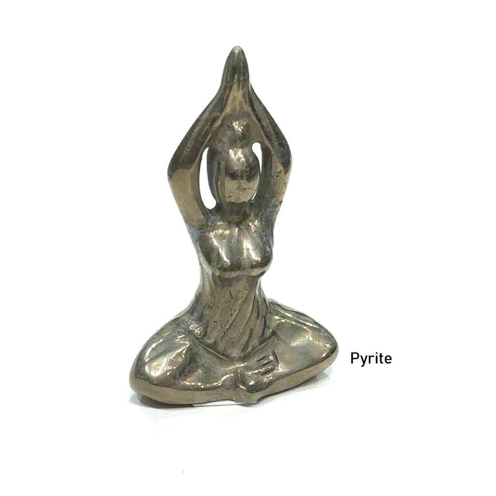 Pyrite yoga lady carving with metallic gold finish on white background and front view