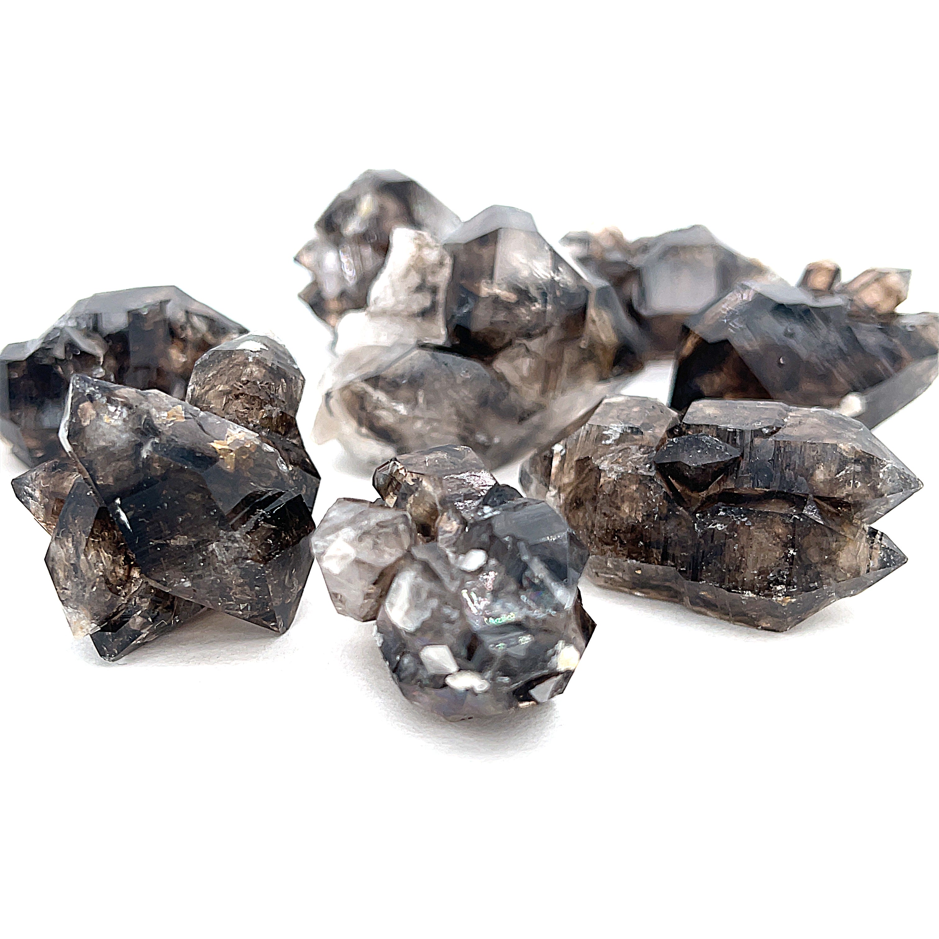 Raw Smoky Quartz cluster from Mooralla, Australia displayed on white background, Hidden Jewel of the South End front view. 
