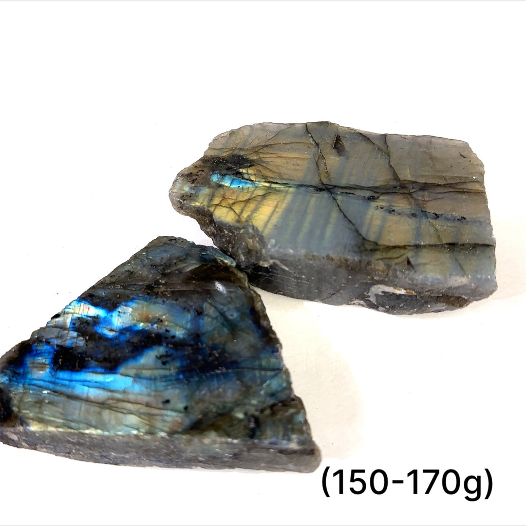 Raw labradorite crystal for meditation, chakra healing, and energy protection on a white background, sizes (150-170g) front view