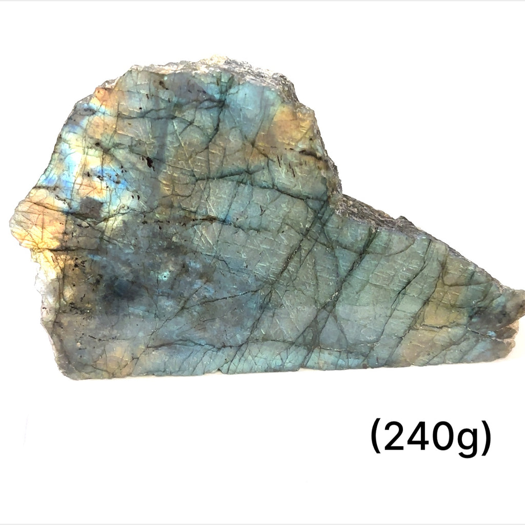 Raw labradorite crystal for meditation, chakra healing, and energy protection on a white background, sizes (240g) front view