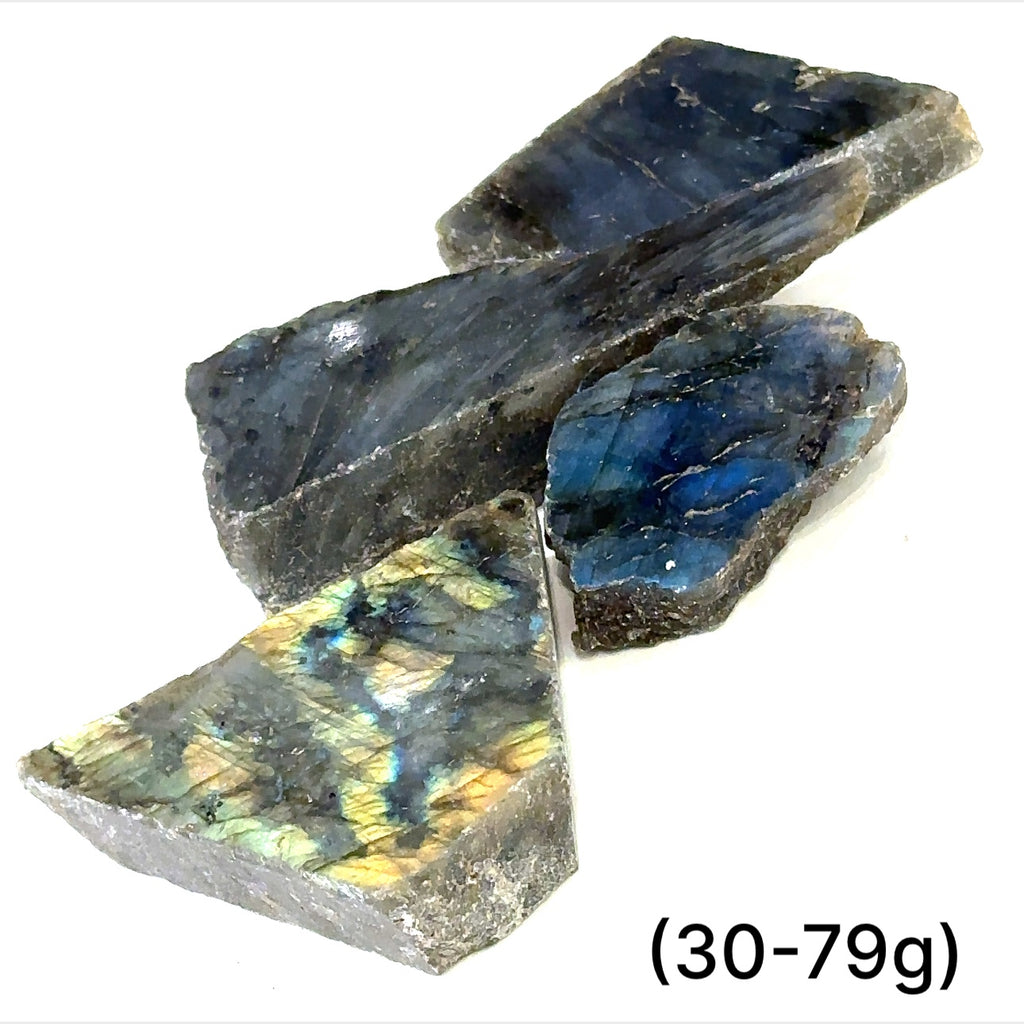 Raw labradorite crystal for meditation, chakra healing, and energy protection on a white background, sizes (30-79g) front view