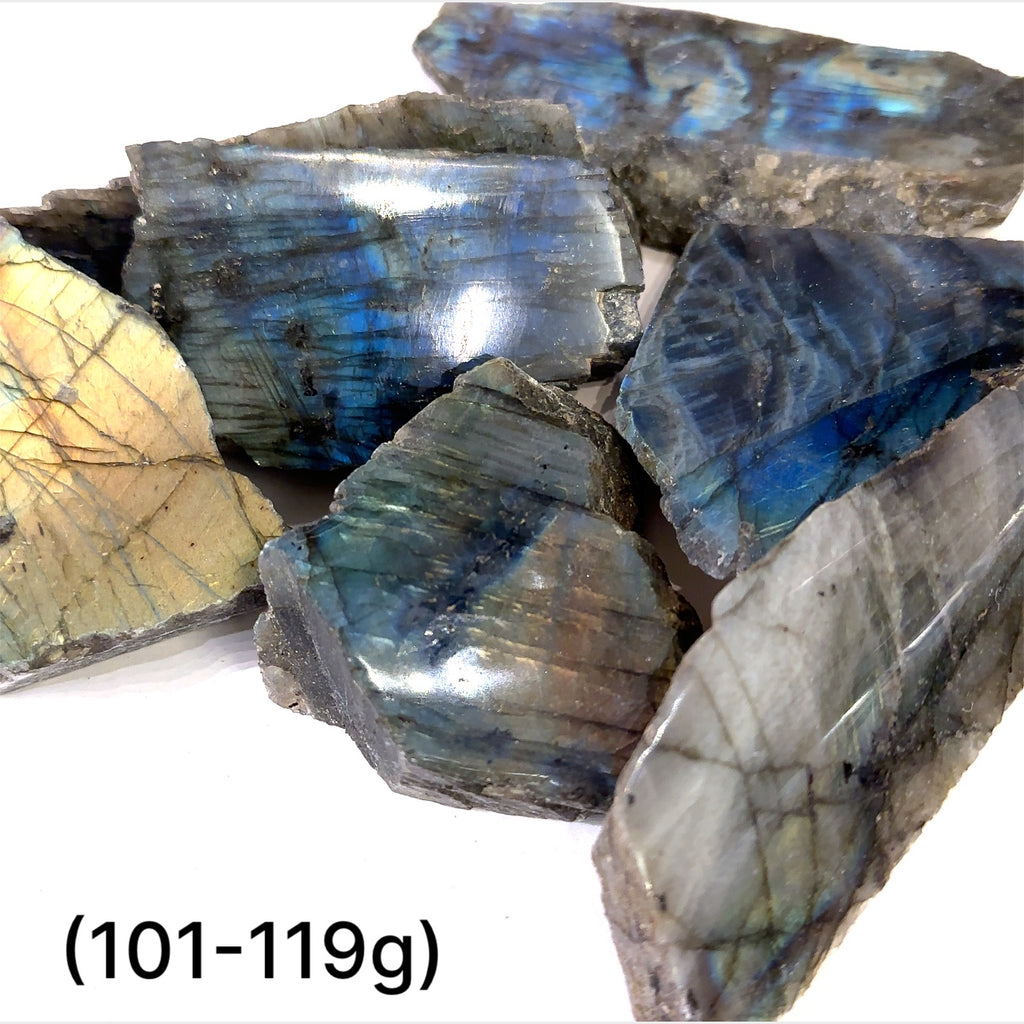 Raw labradorite slab gemstone with blue and gold flash – ethically sourced healing stone for protection and intuition on a white background, sizes (101-119g) front view