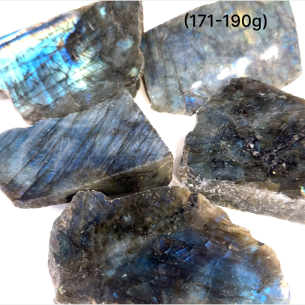 Raw labradorite slab gemstone with blue and gold flash – ethically sourced healing stone for protection and intuition on a white background, sizes (171-190g) front view