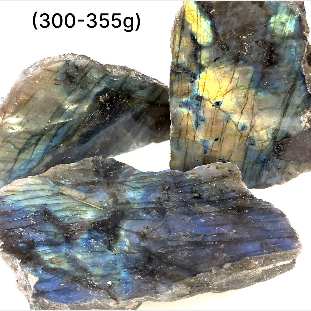 Raw labradorite slab gemstone with blue and gold flash – ethically sourced healing stone for protection and intuition on a white background, sizes (300-355g) front view