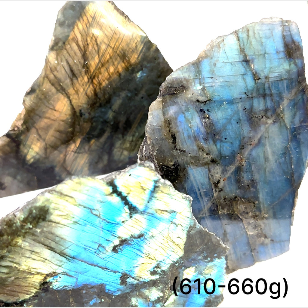 Raw labradorite slab gemstone with blue and gold flash – ethically sourced healing stone for protection and intuition on a white background, sizes (610-660g) front view