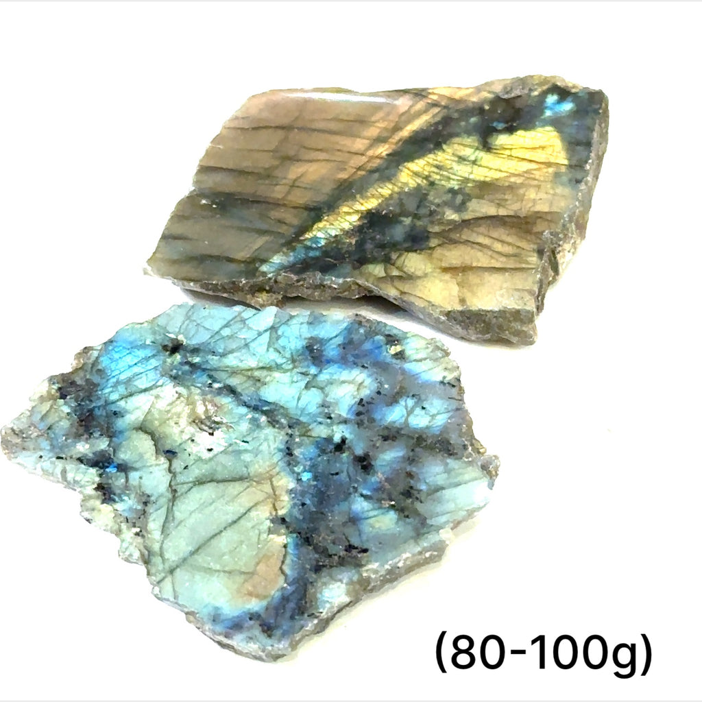 Raw labradorite slab gemstone with blue and gold flash – ethically sourced healing stone for protection and intuition on a white background, sizes (80-100g) front view