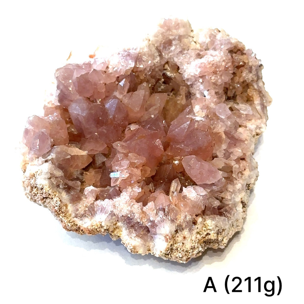 Raw pink amethyst cluster showing natural crystal points and soft pink hues on white #A (211g) front view