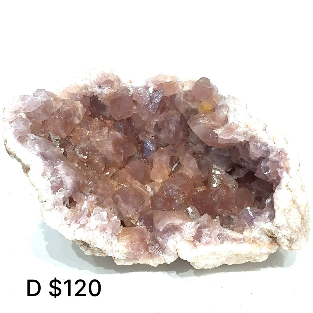Raw pink amethyst cluster showing natural crystal points and soft pink hues on white #D (120g)  front view