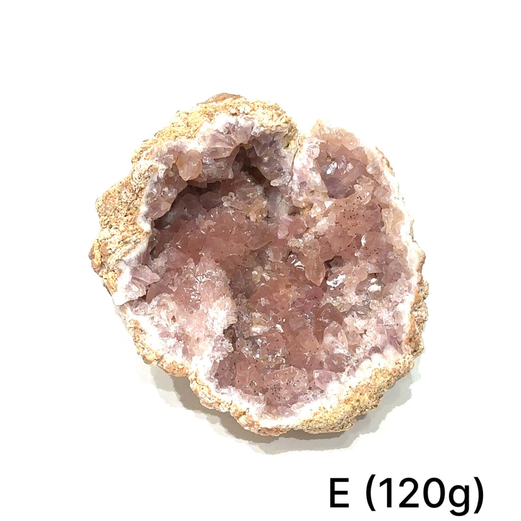 Raw pink amethyst cluster showing natural crystal points and soft pink hues on white #E (120g)  front view