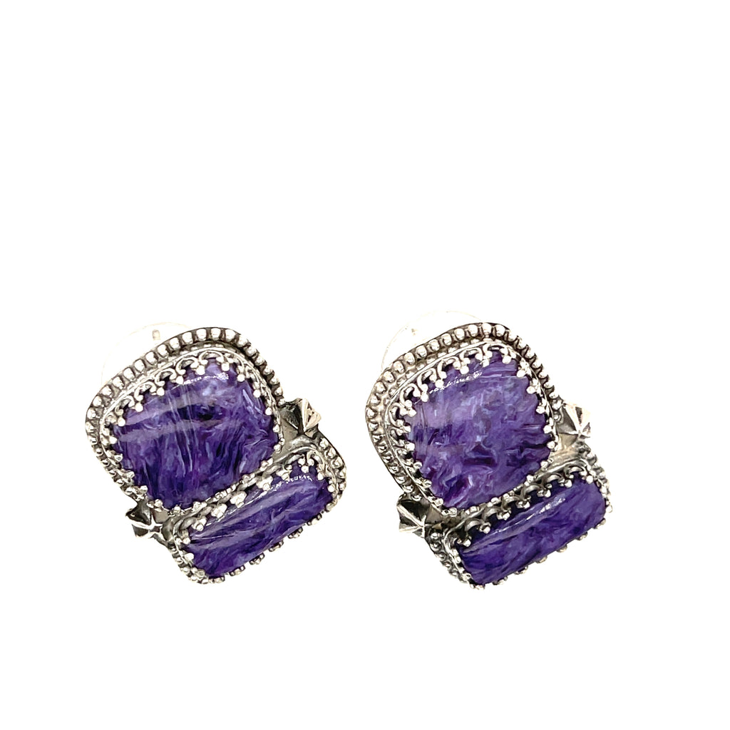 Rectangle Charoite double stone sterling silver earrings with swirling purple patterns studs an up-close front slight right angle overview on a white background.