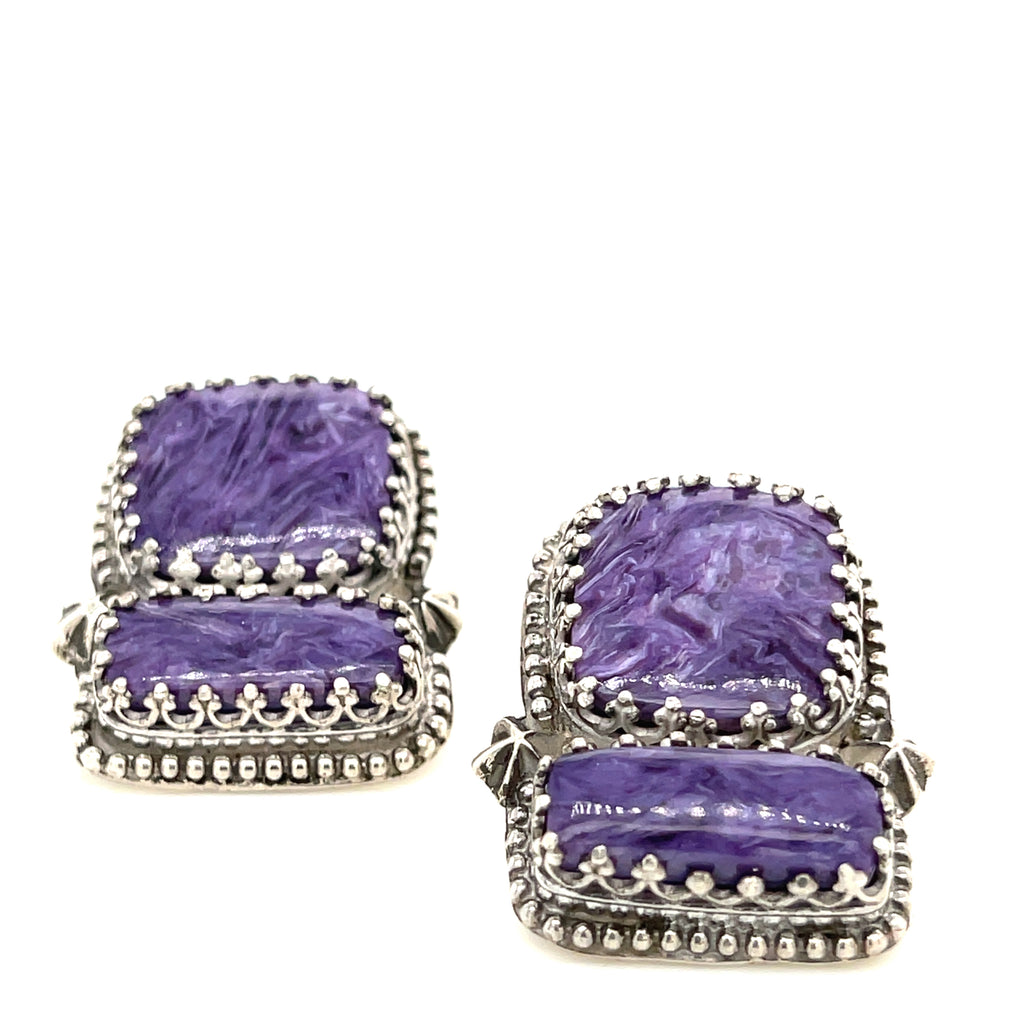 Rectangle Charoite double stone sterling silver earrings with swirling purple patterns studs an up-close front view on a white background.