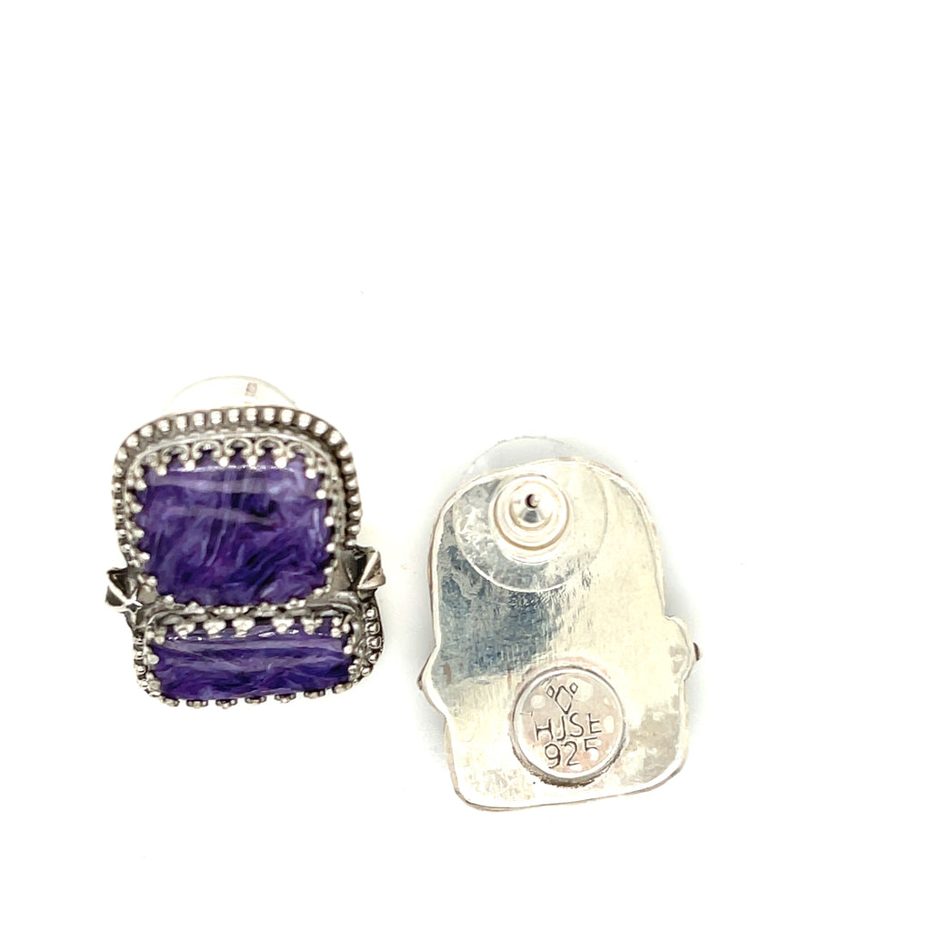 Rectangle Charoite double stone sterling silver earrings with swirling purple patterns studs an up-close one front and one back overview on a white background.