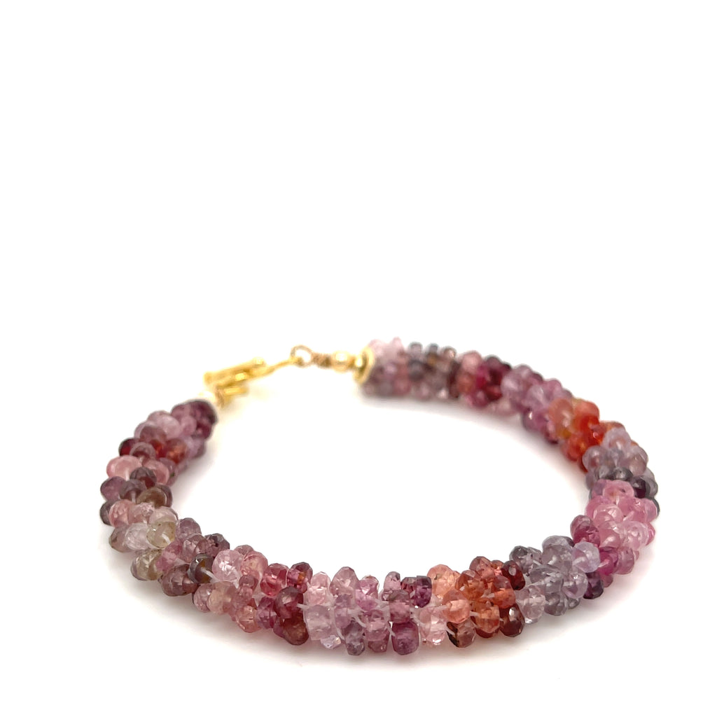 Red Spinel gemstone bracelet with gold-filled toggle — handcrafted by Hidden Jewel Boston on a white background front and center overview.