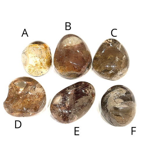 Six Brazilian Lodolite Garden Quartz palm gemstones, labeled A,B,C,D,E, and F, are displayed on a white background in a front view. 