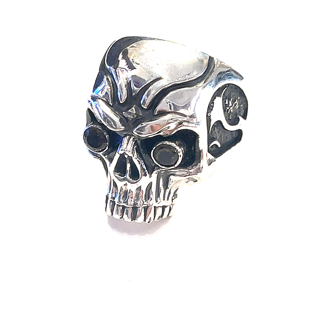Smoky quartz gemstone skull ring — handcrafted statement piece on a white background front view