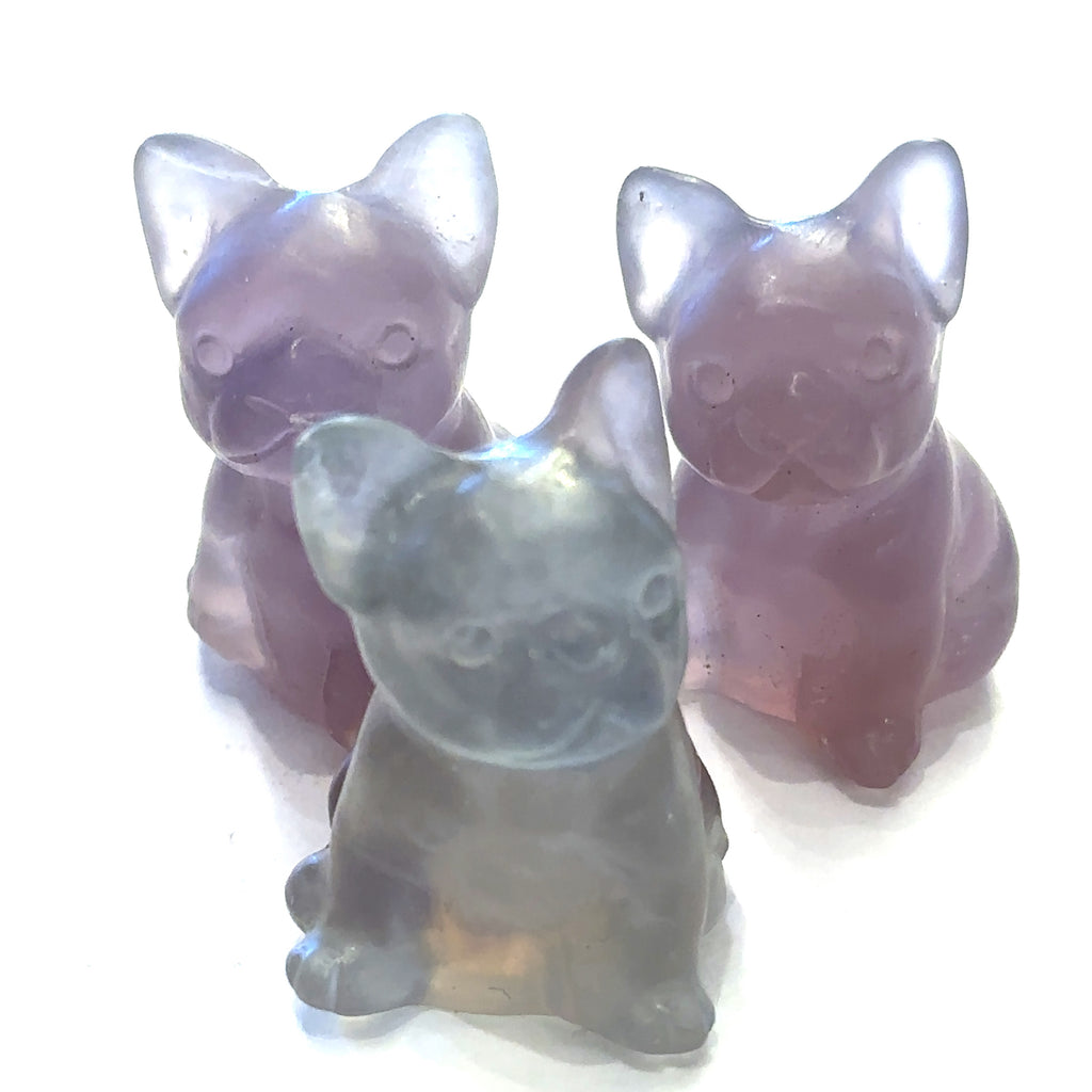 Three Fluorite Bull Dogs gemstone carving on white background, front view. 