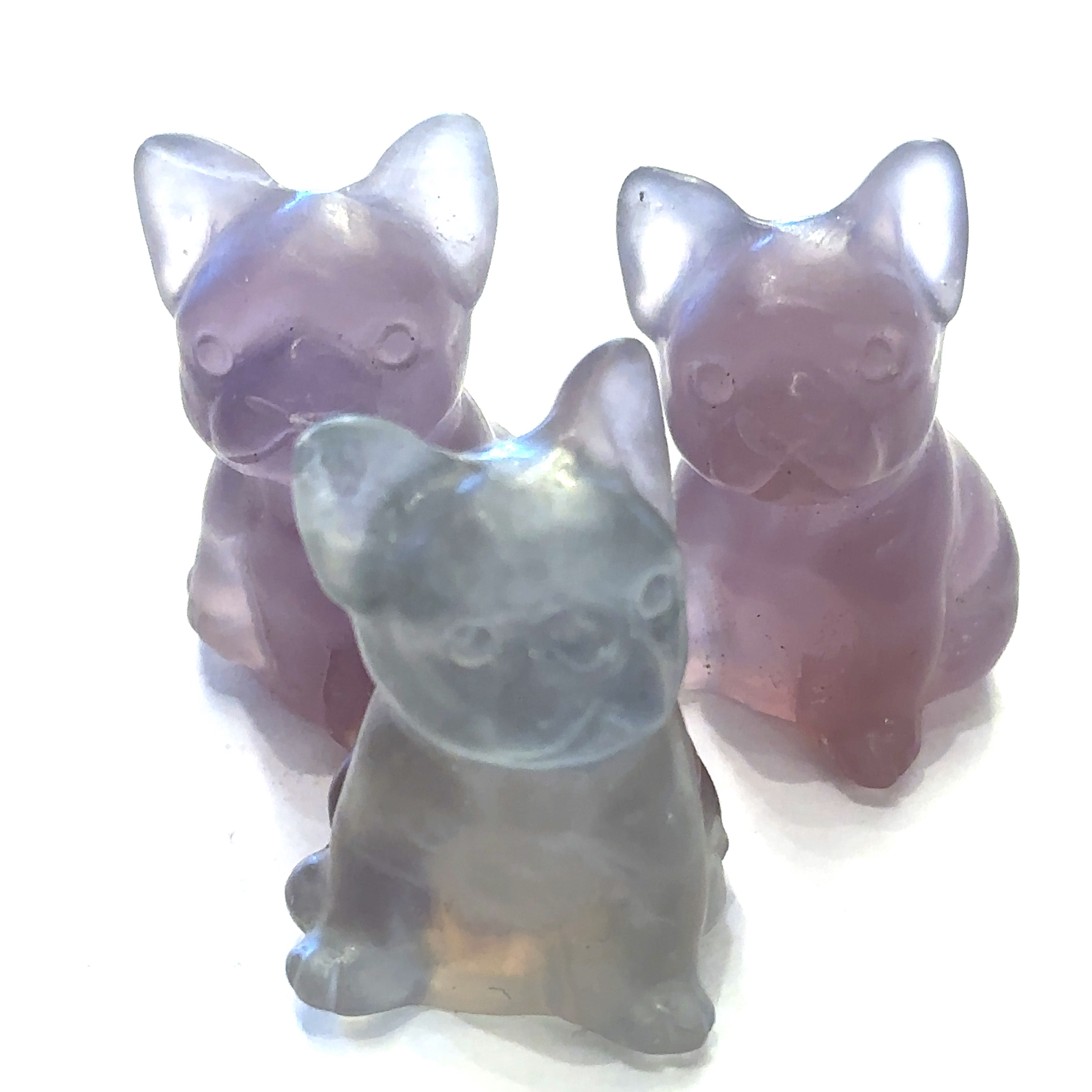 Three Fluorite Bull Dogs gemstone carving on white background, front view. 