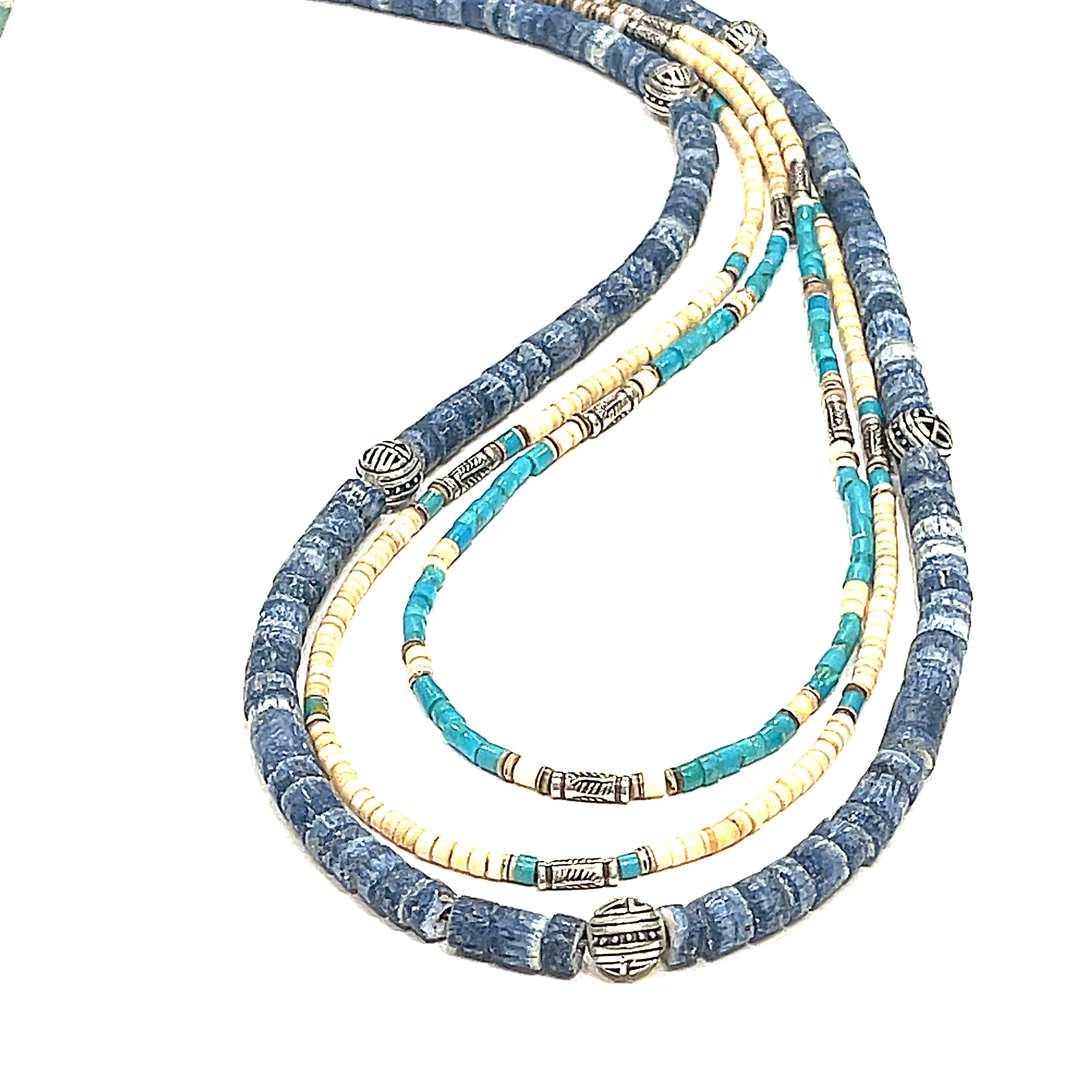 Three  Shell roundel gemstone necklace with sterling silver tribal tube beads on a white background, front long overview.